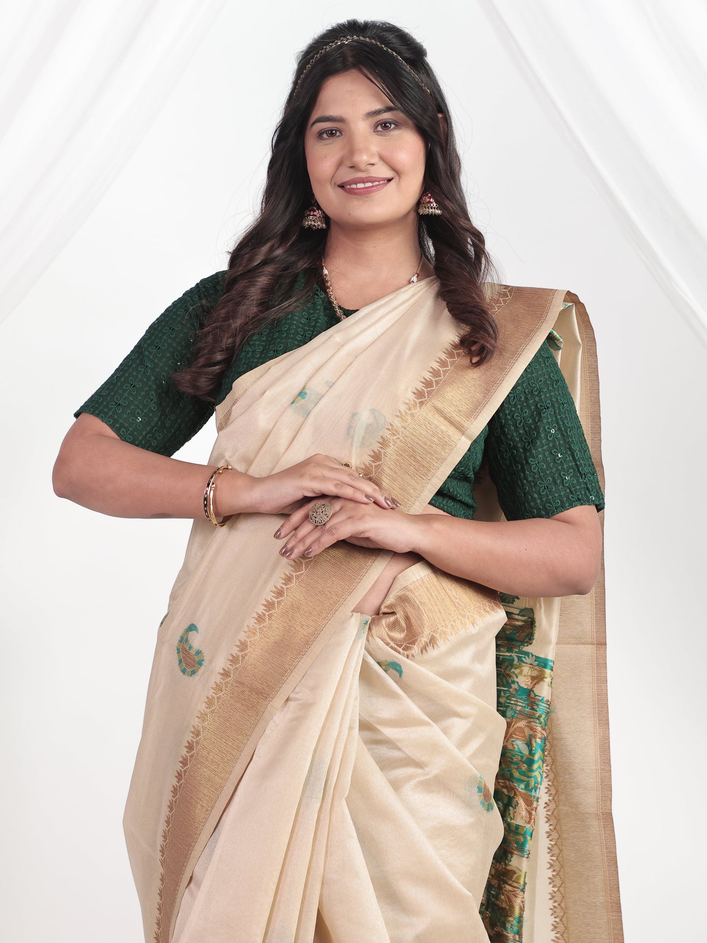 Self Design Chanderi Cream Saree