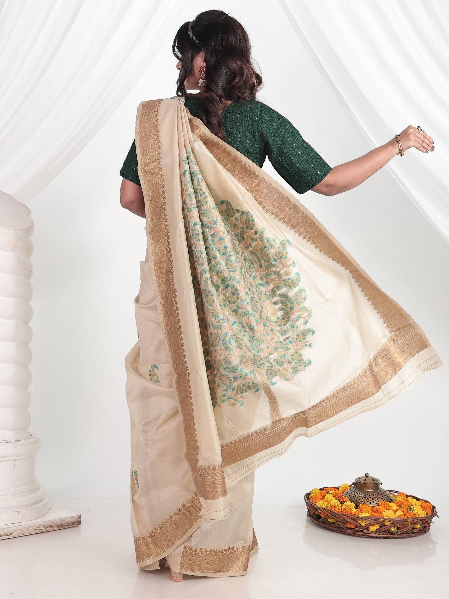 Self Design Chanderi Cream Saree