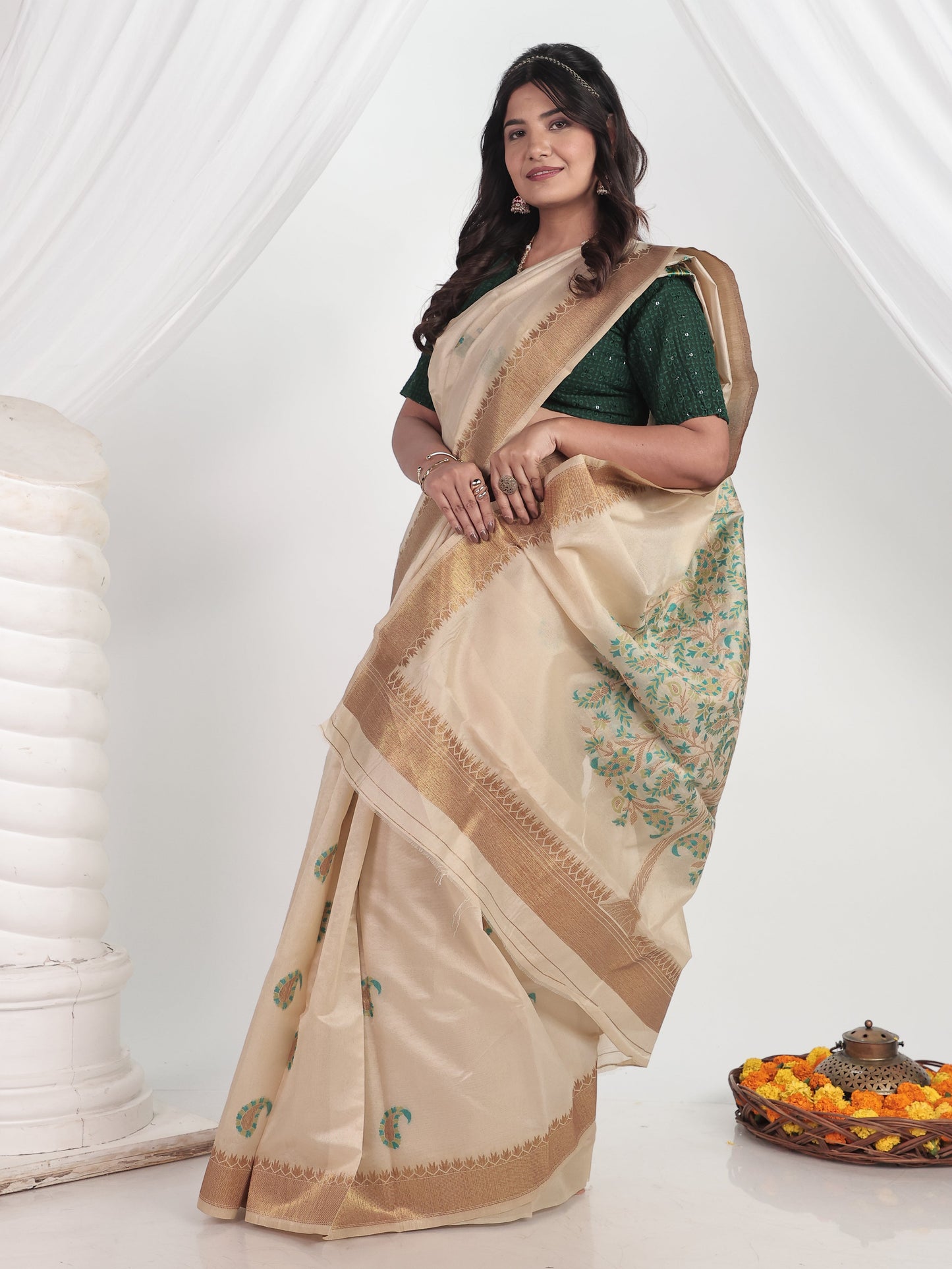 Self Design Chanderi Cream Saree