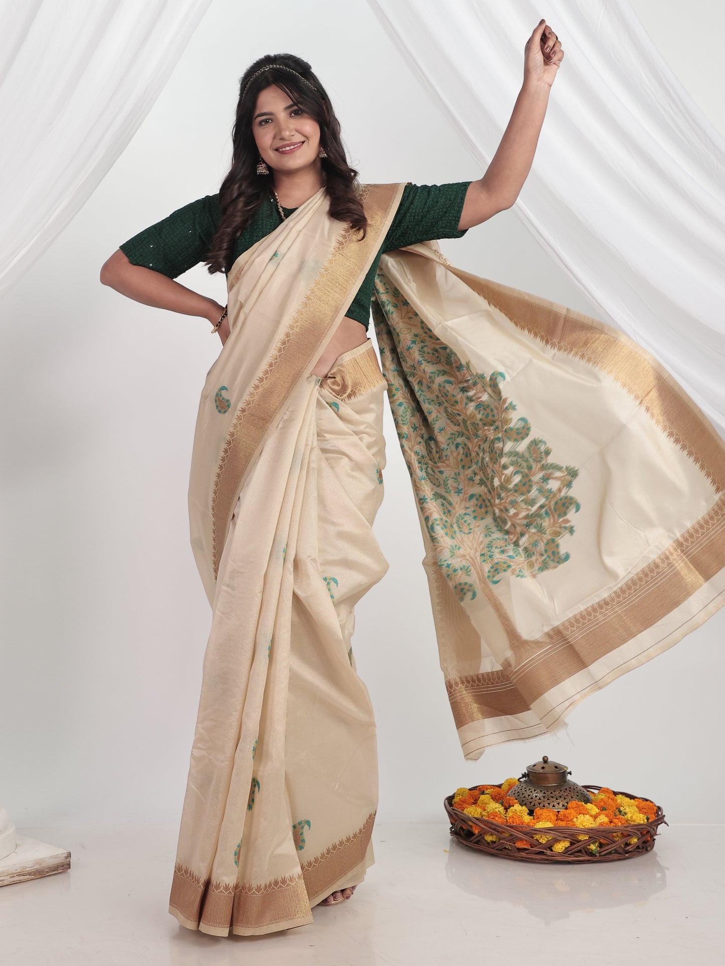 Self Design Chanderi Cream Saree