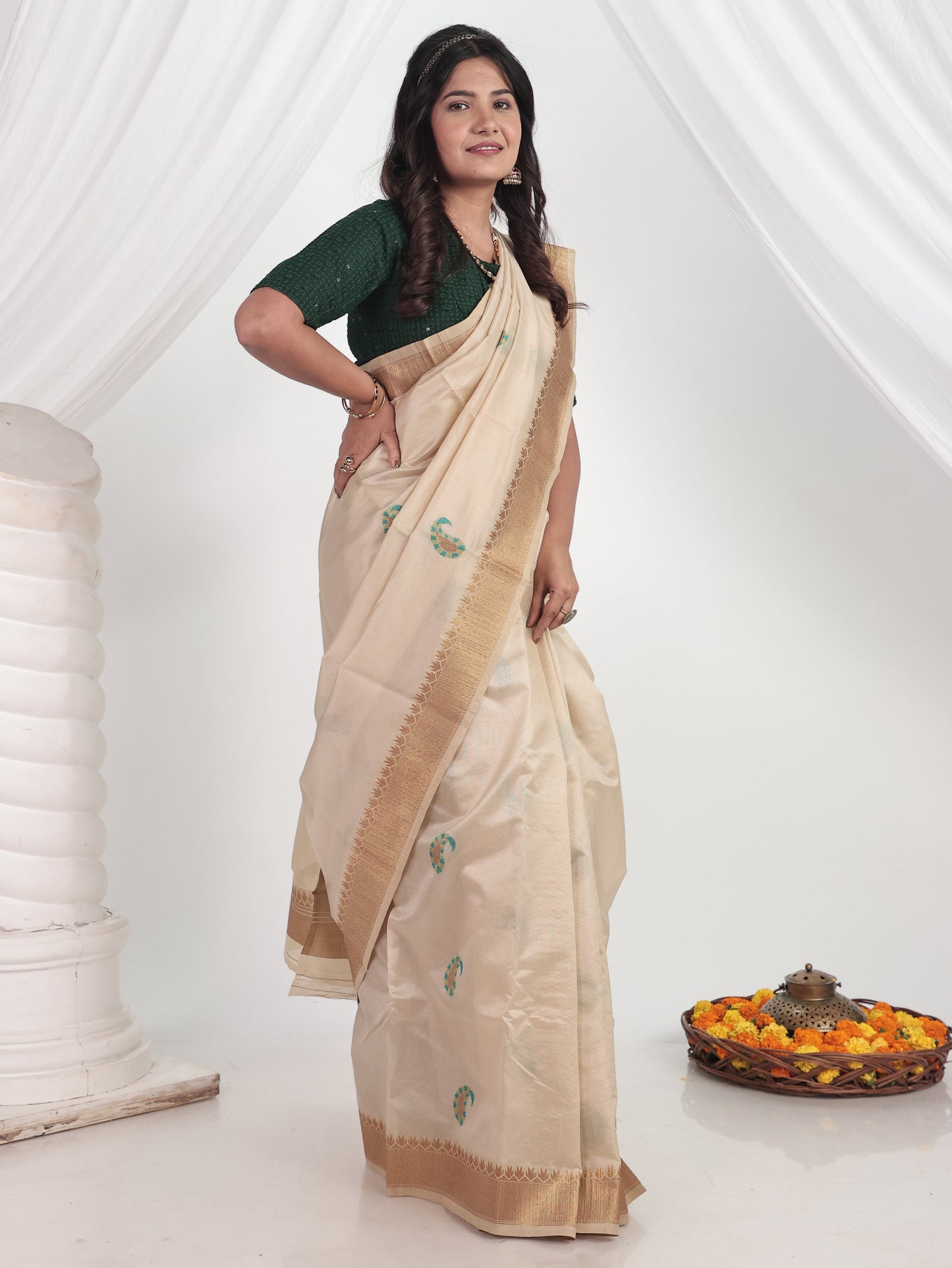 Self Design Chanderi Cream Saree