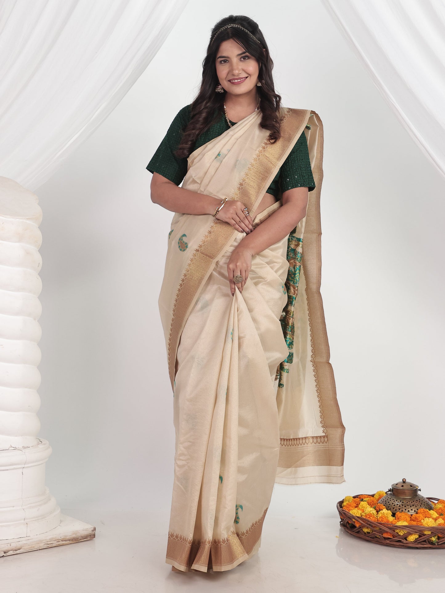 Self Design Chanderi Cream Saree