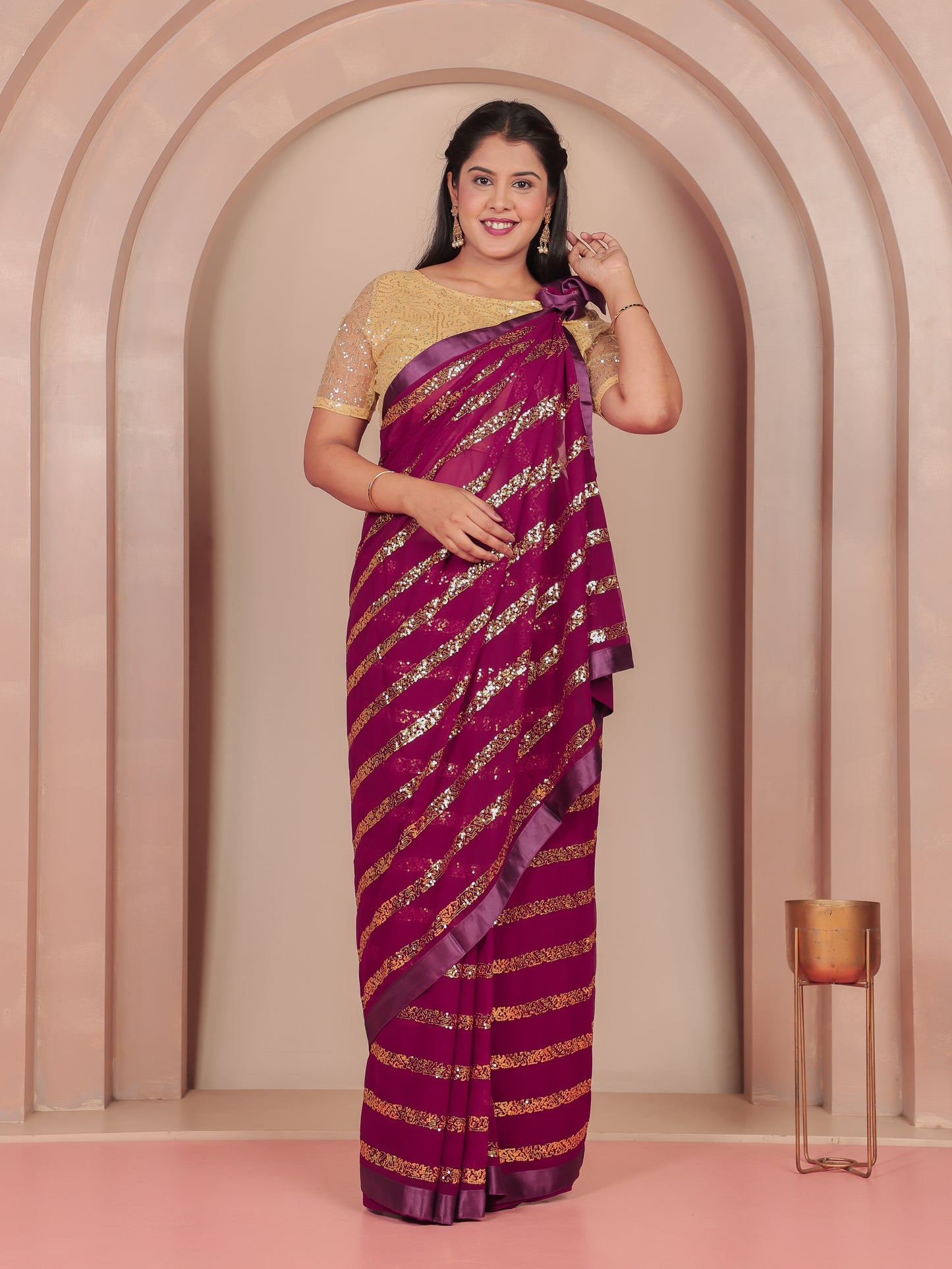 Embroidered Sequins Georgette Solid Purple Saree