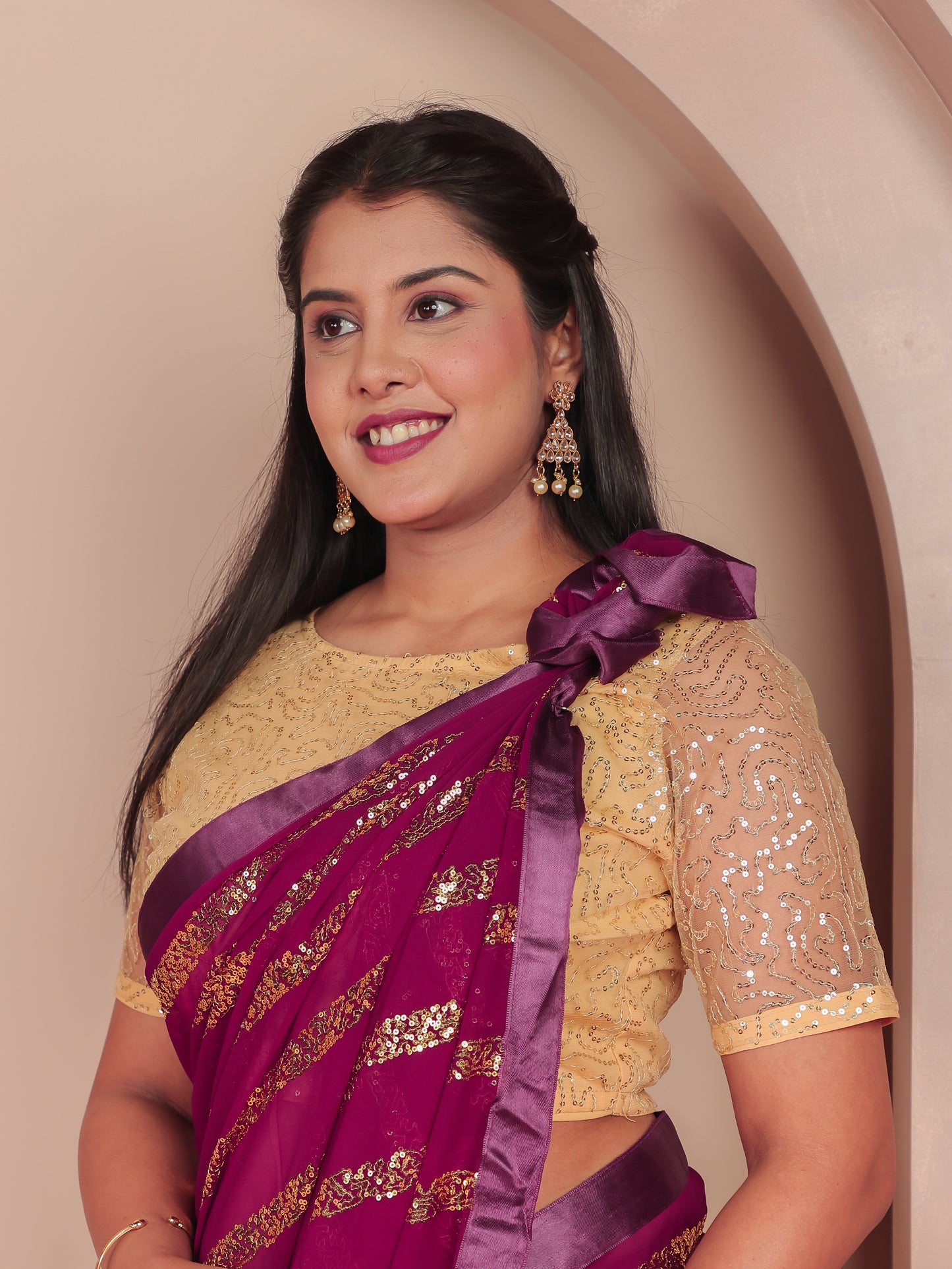 Embroidered Sequins Georgette Solid Purple Saree