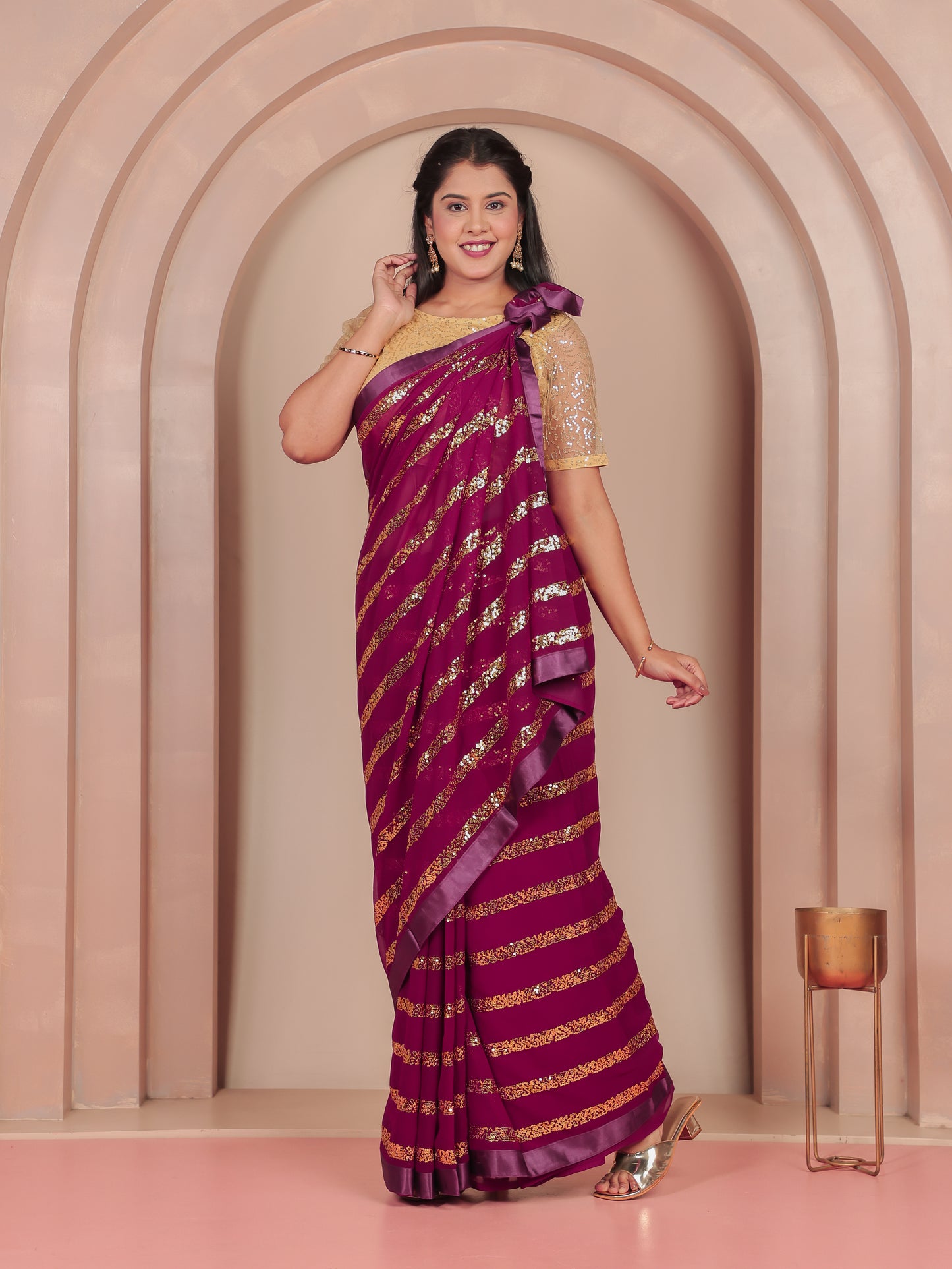Embroidered Sequins Georgette Solid Purple Saree