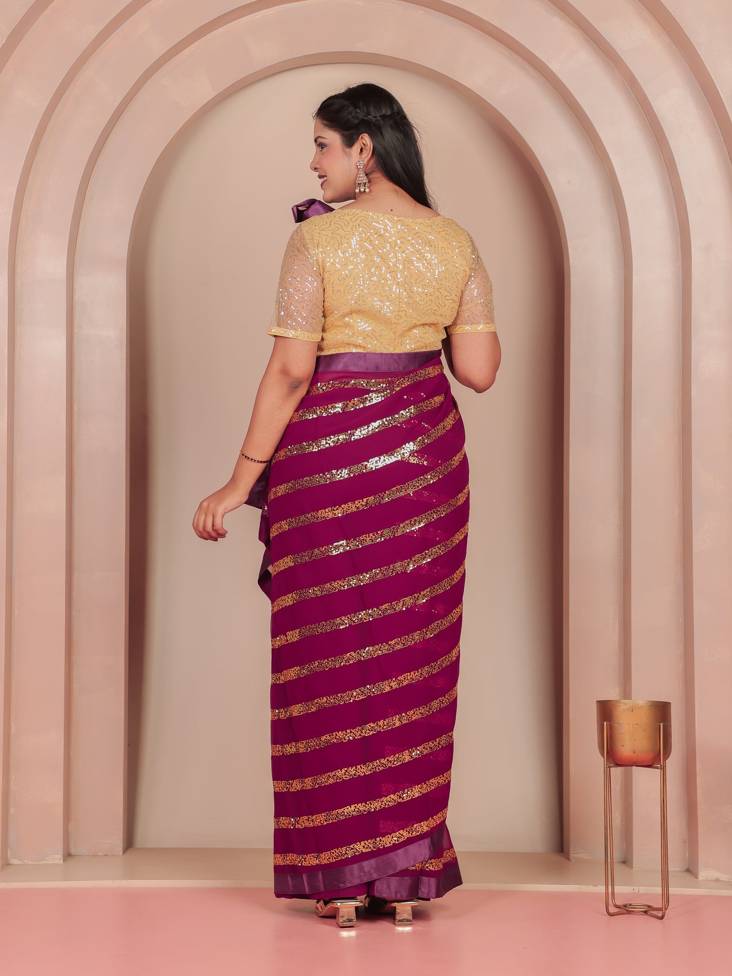 Embroidered Sequins Georgette Solid Purple Saree