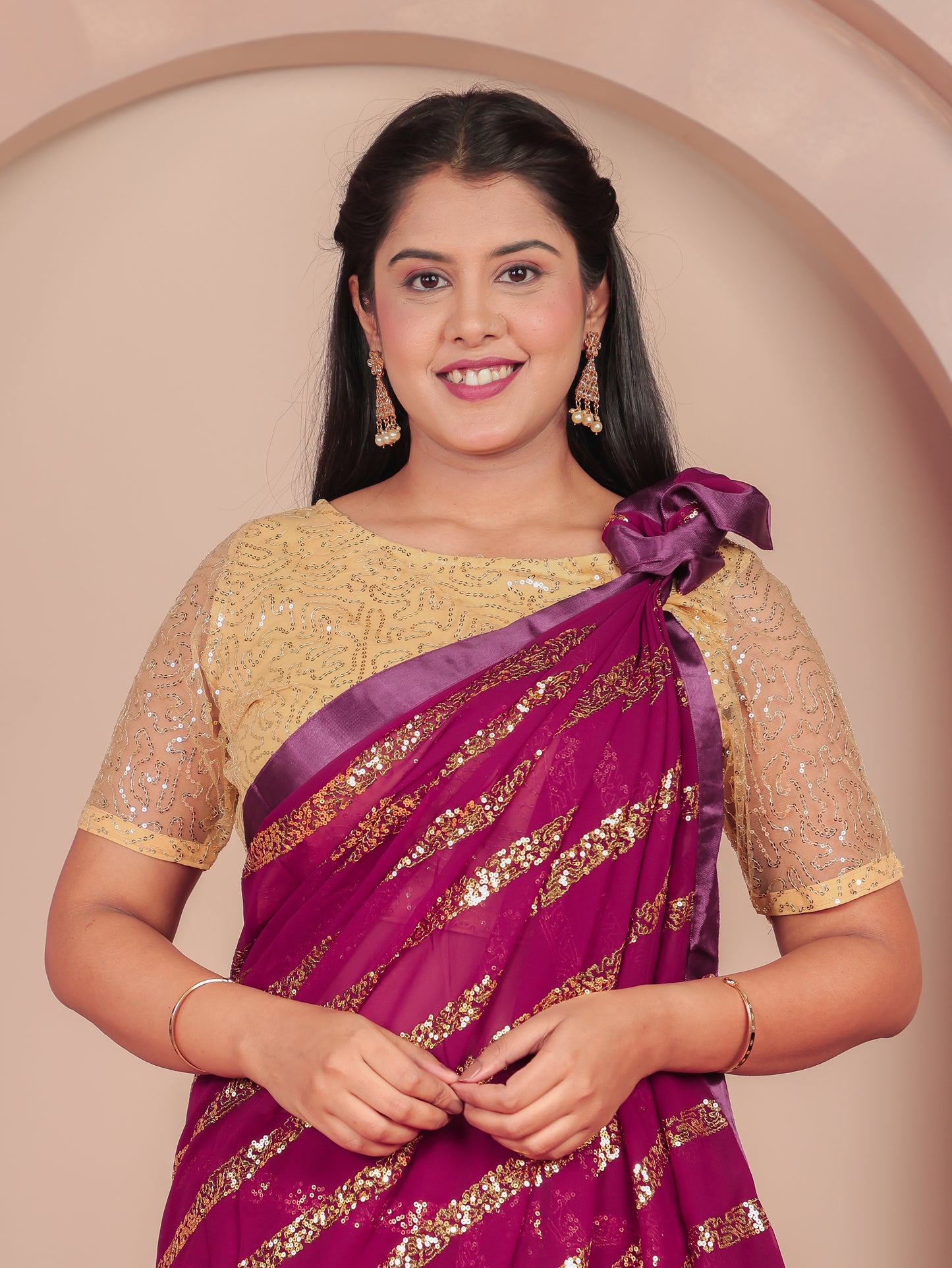 Embroidered Sequins Georgette Solid Purple Saree