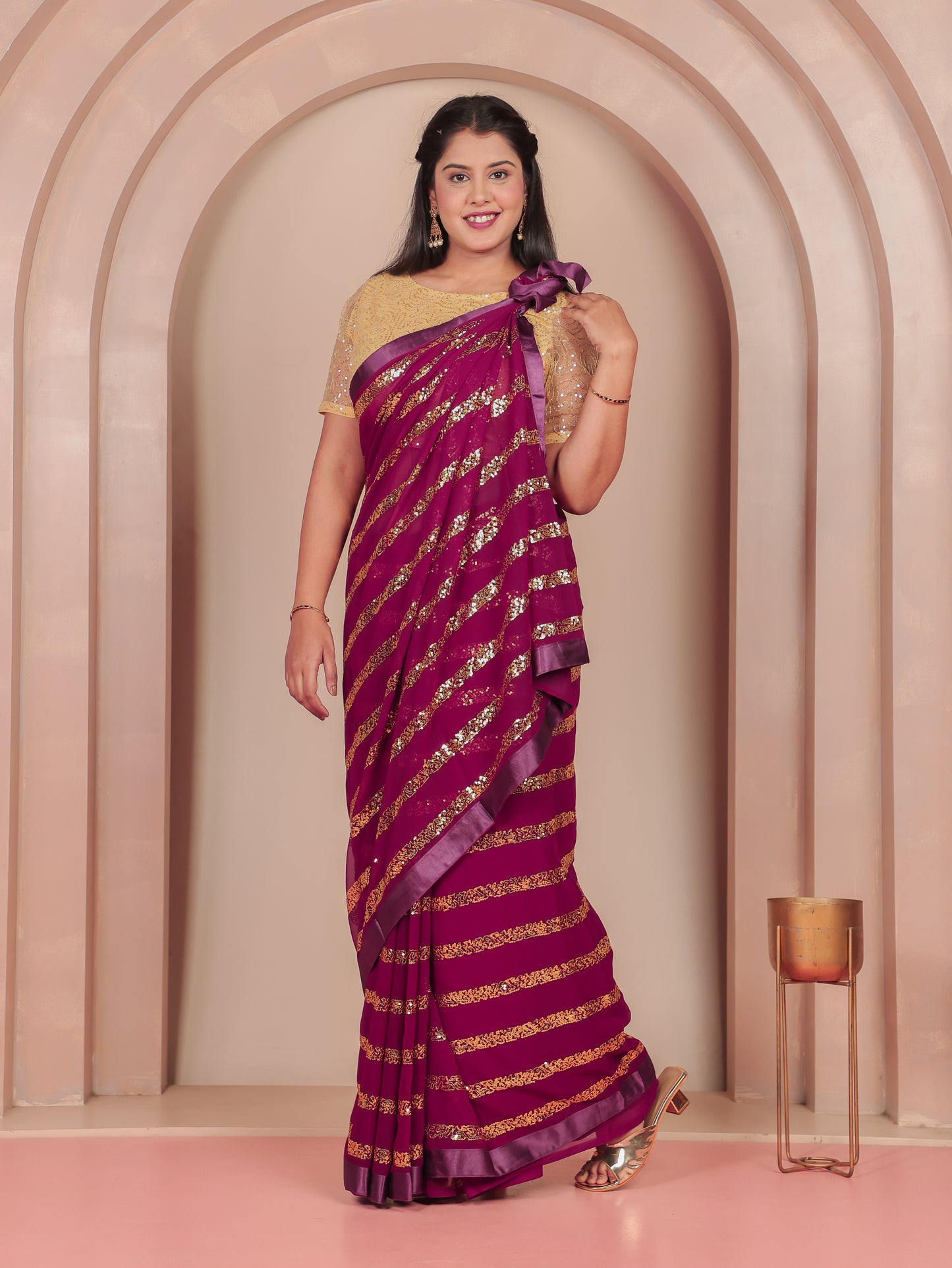 Embroidered Sequins Georgette Solid Purple Saree