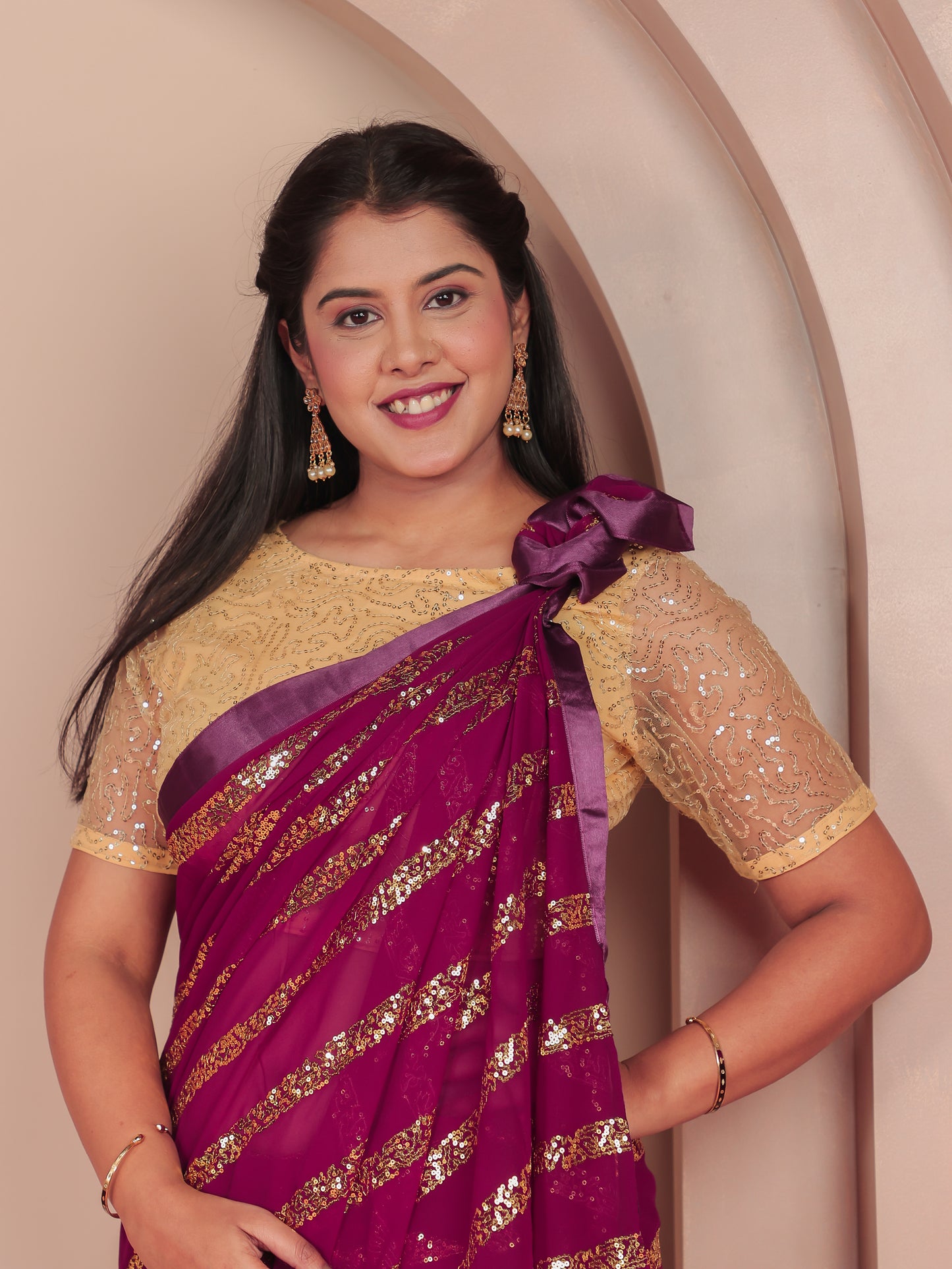 Embroidered Sequins Georgette Solid Purple Saree