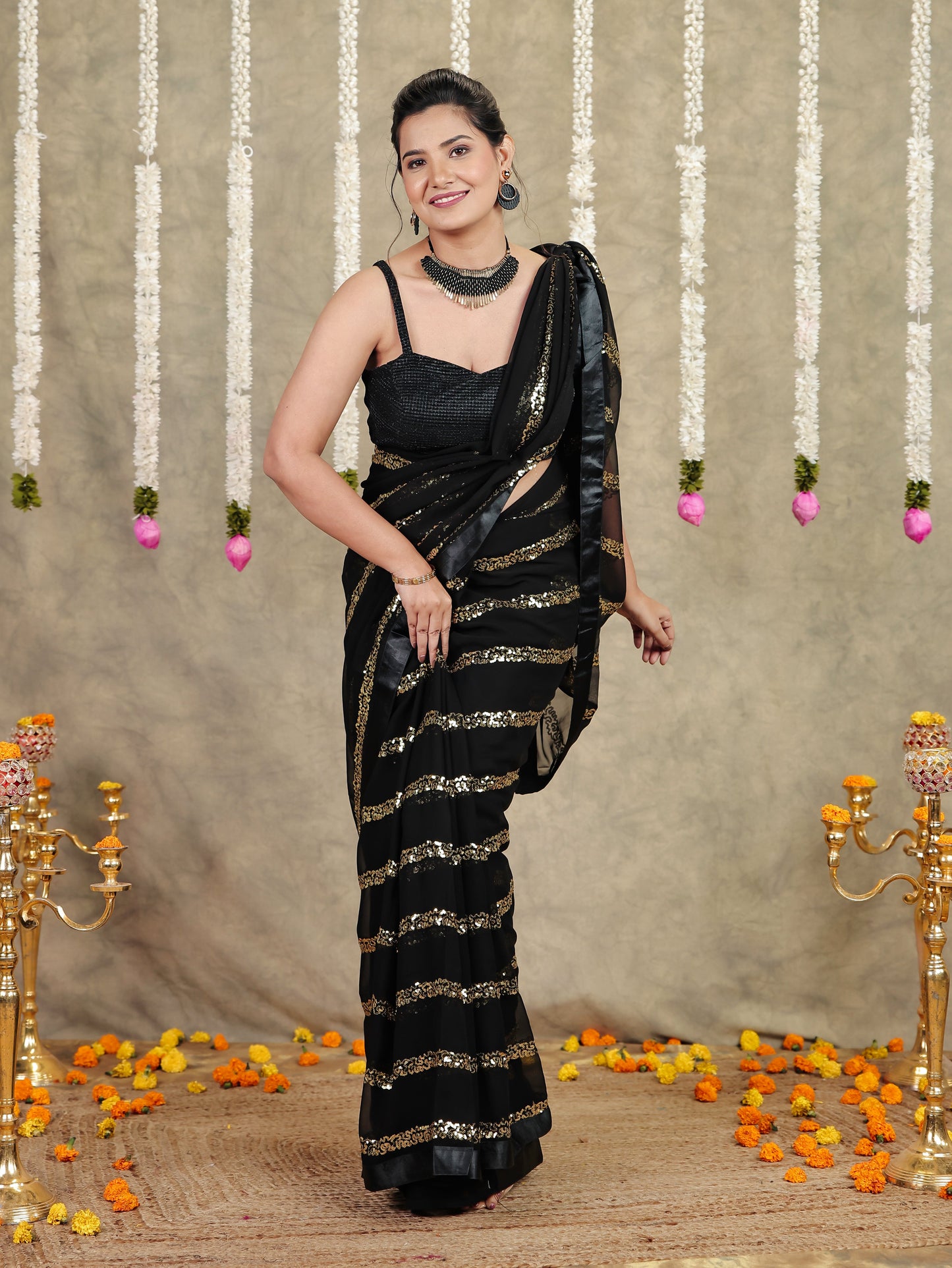 Embroidered Sequins Embroidered Georgette Solid Black Saree