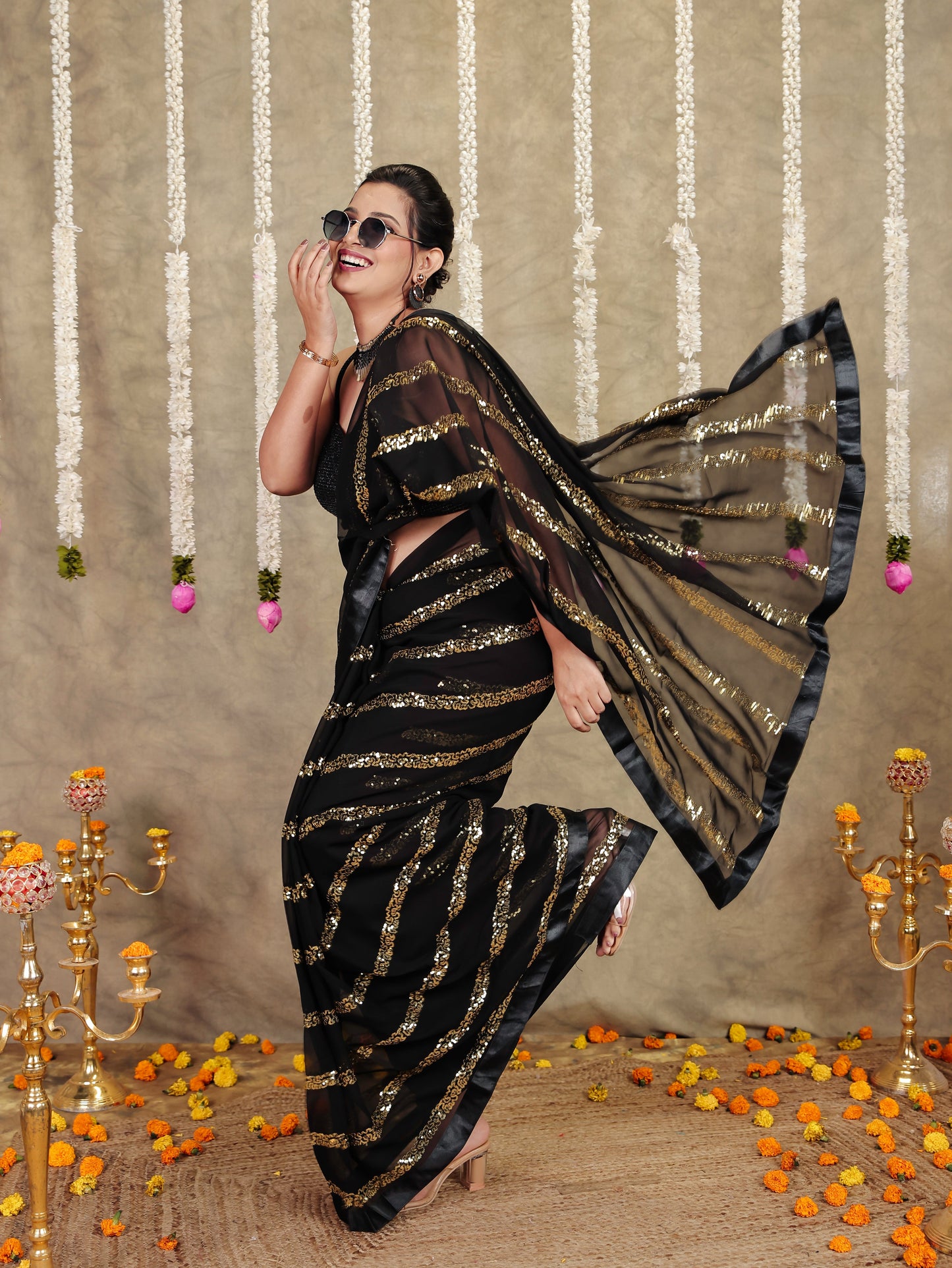 Embroidered Sequins Embroidered Georgette Solid Black Saree