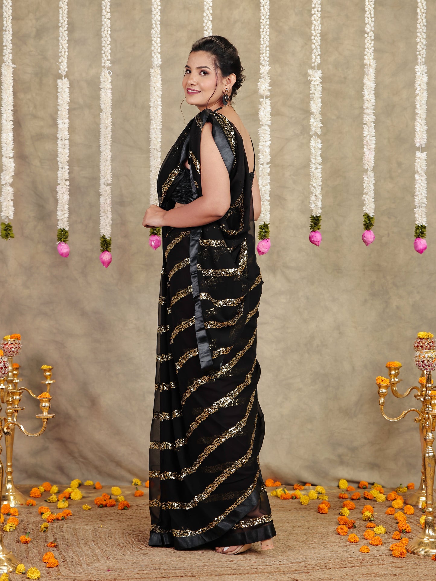 Embroidered Sequins Embroidered Georgette Solid Black Saree
