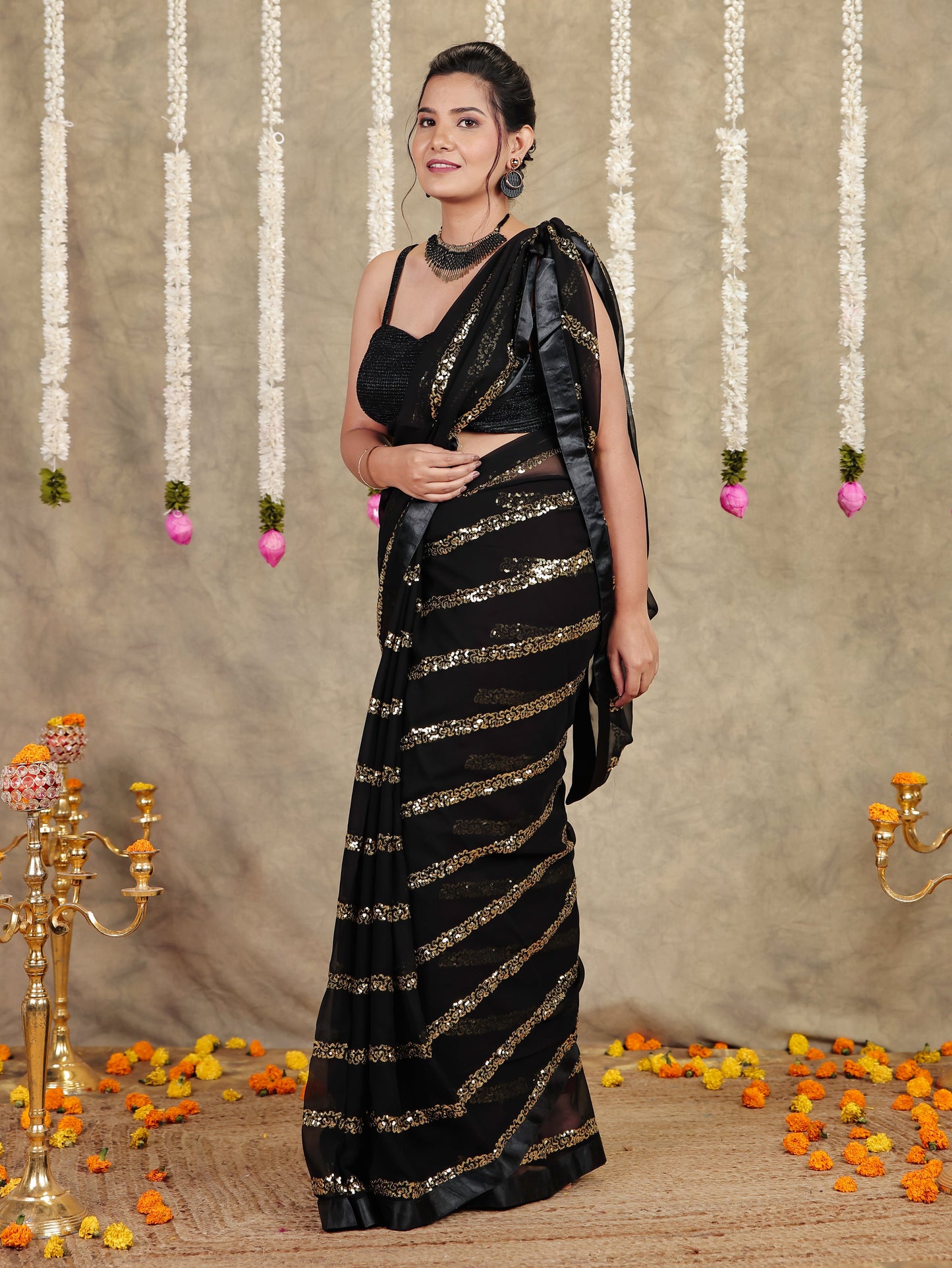 Embroidered Sequins Embroidered Georgette Solid Black Saree