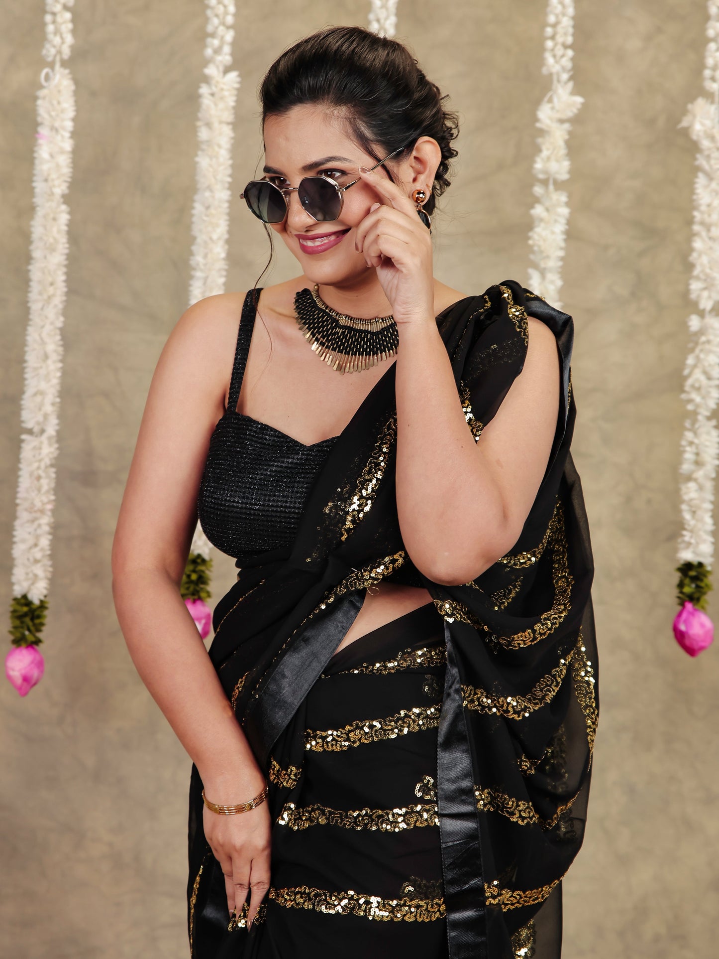 Embroidered Sequins Embroidered Georgette Solid Black Saree