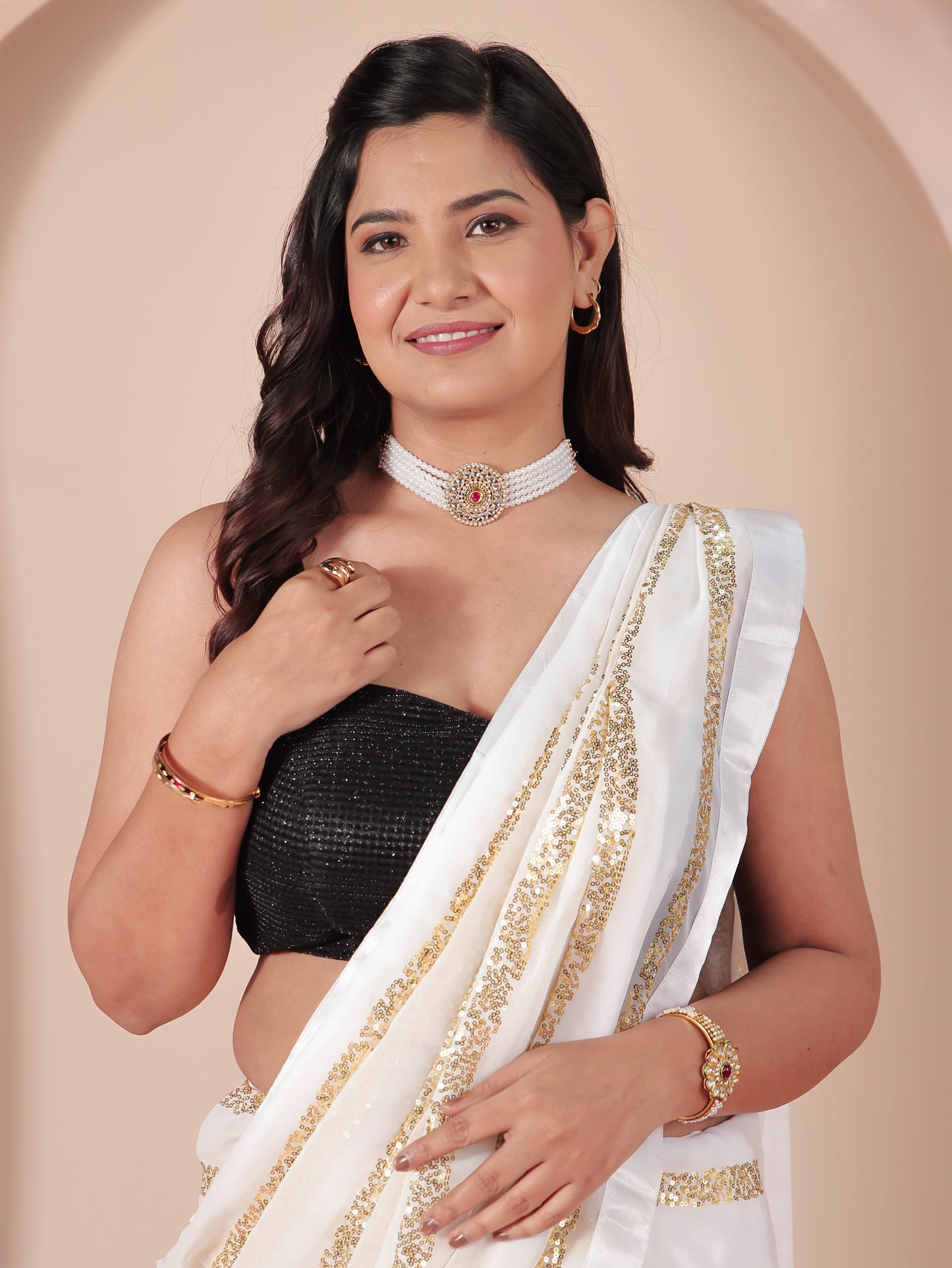 Embroidered Sequins Embroidered Georgette Solid White Saree