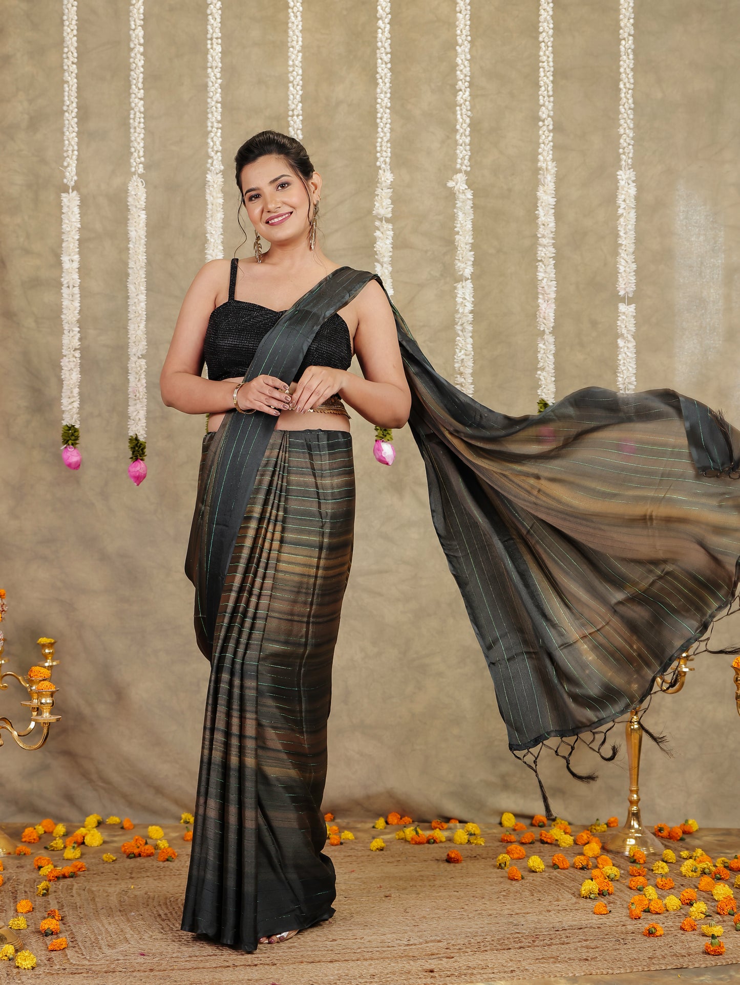 Georgette Striped Green Saree