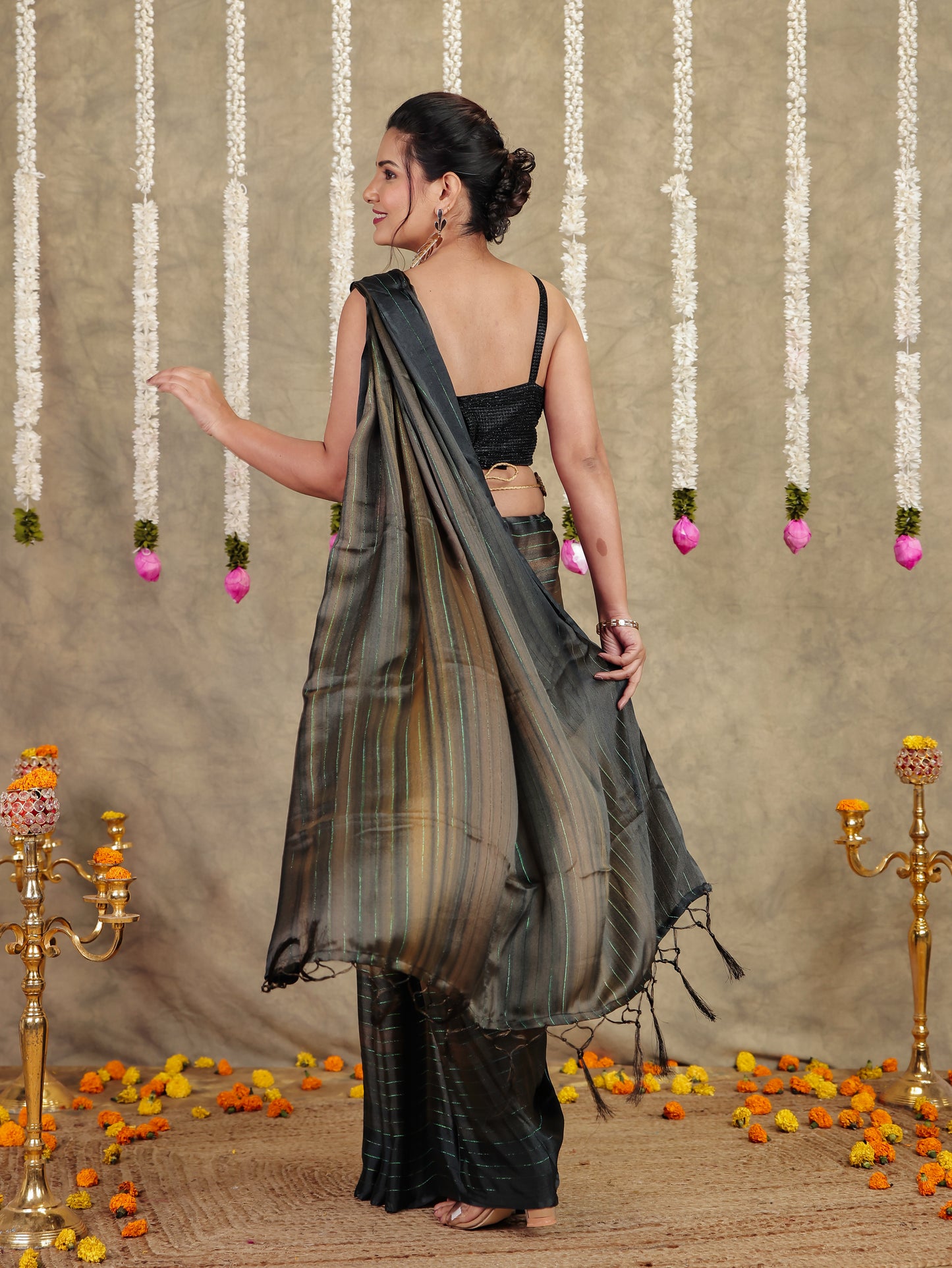 Georgette Striped Green Saree