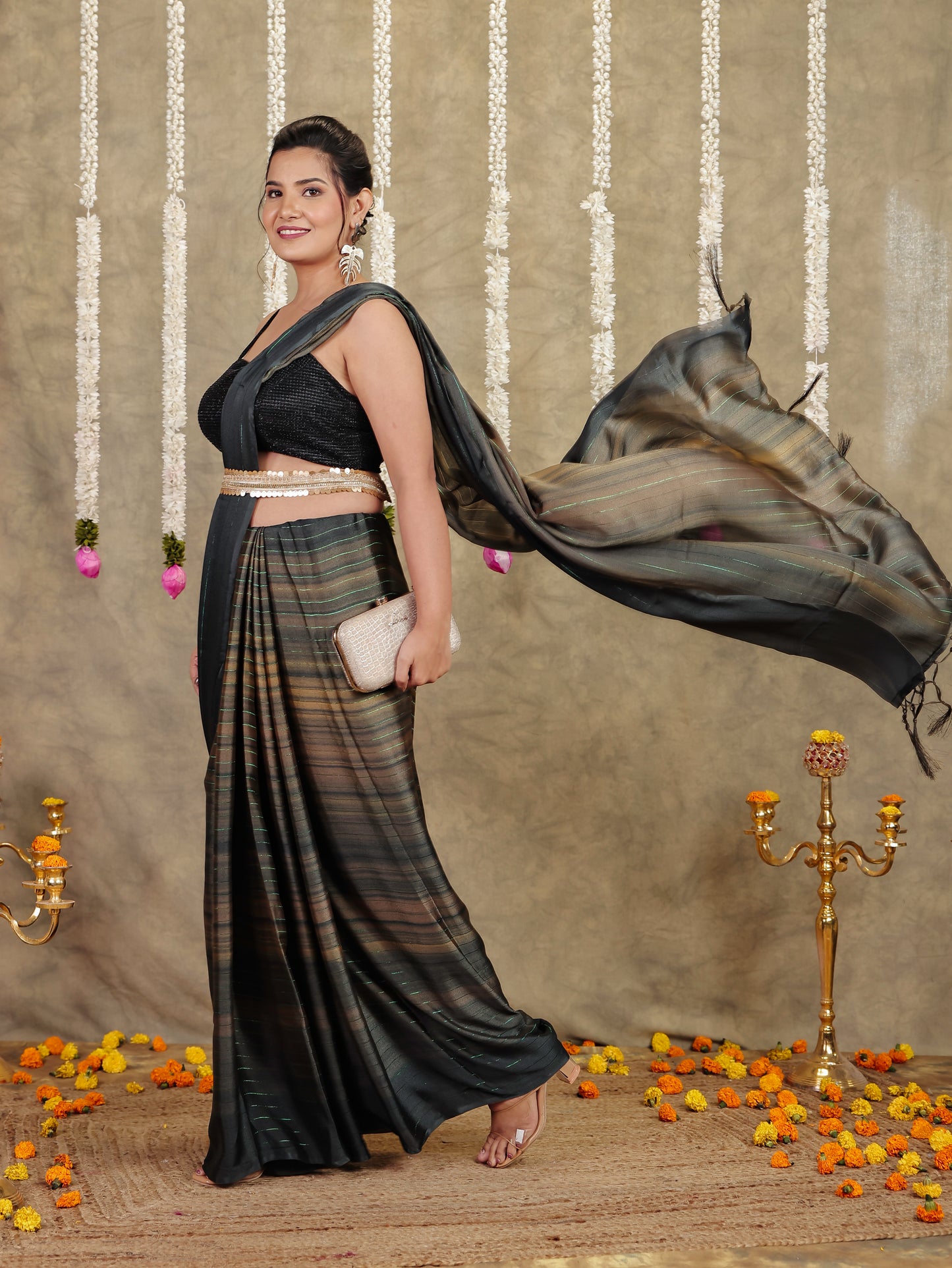 Georgette Striped Green Saree