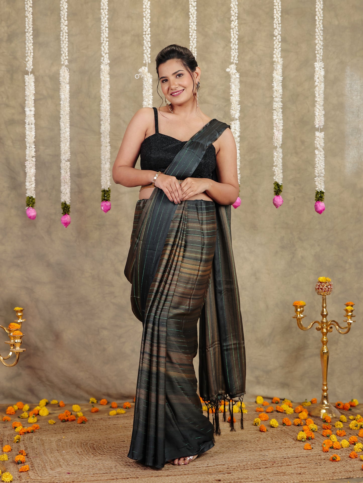 Georgette Striped Green Saree