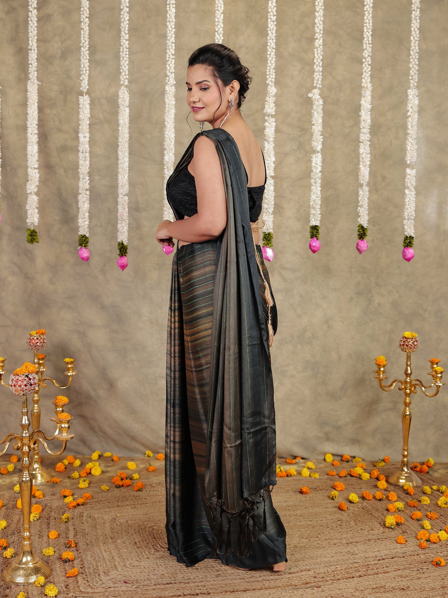 Georgette Striped Green Saree