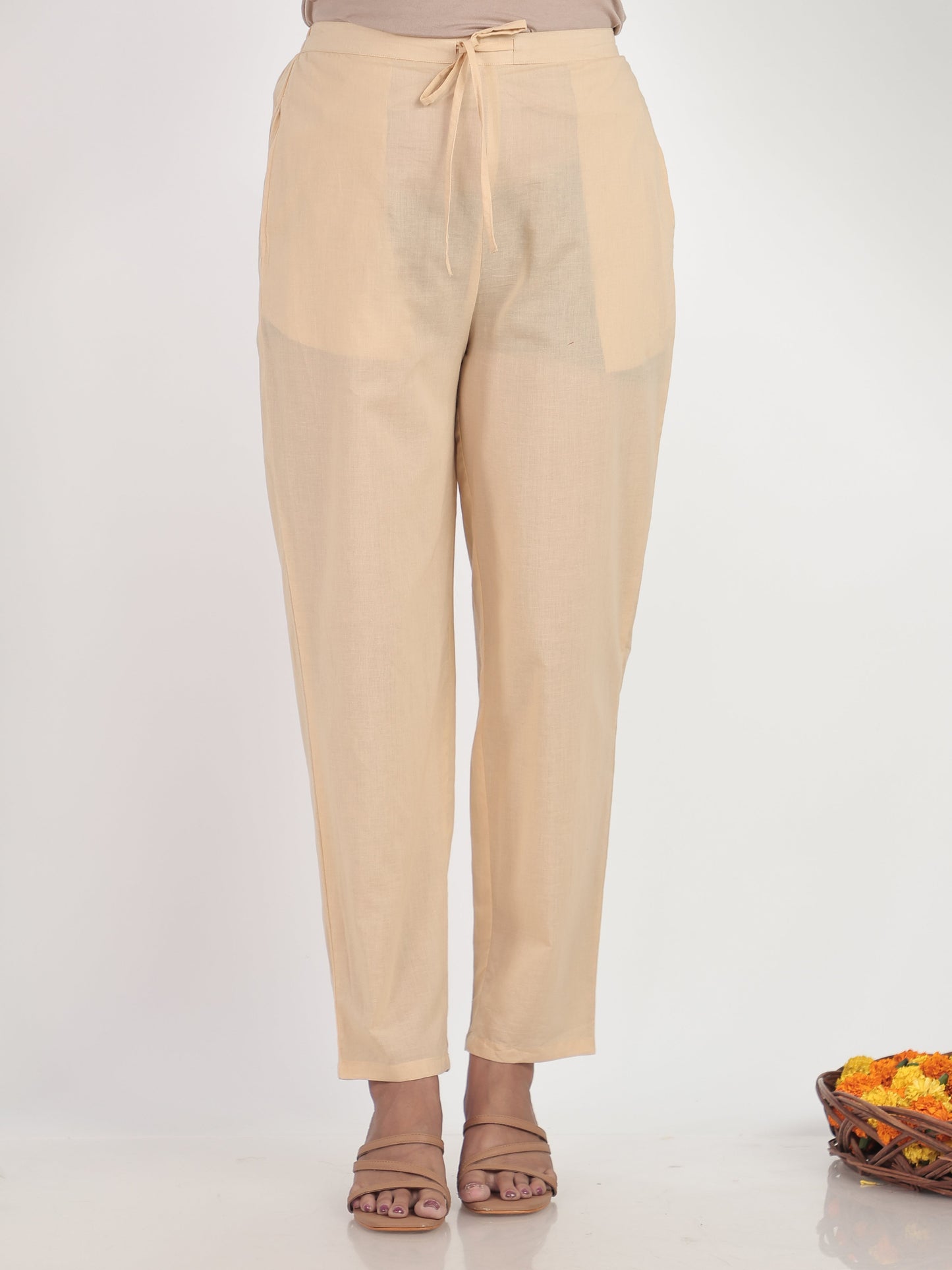 Soft Cotton Solid Beige Tapered Trousers