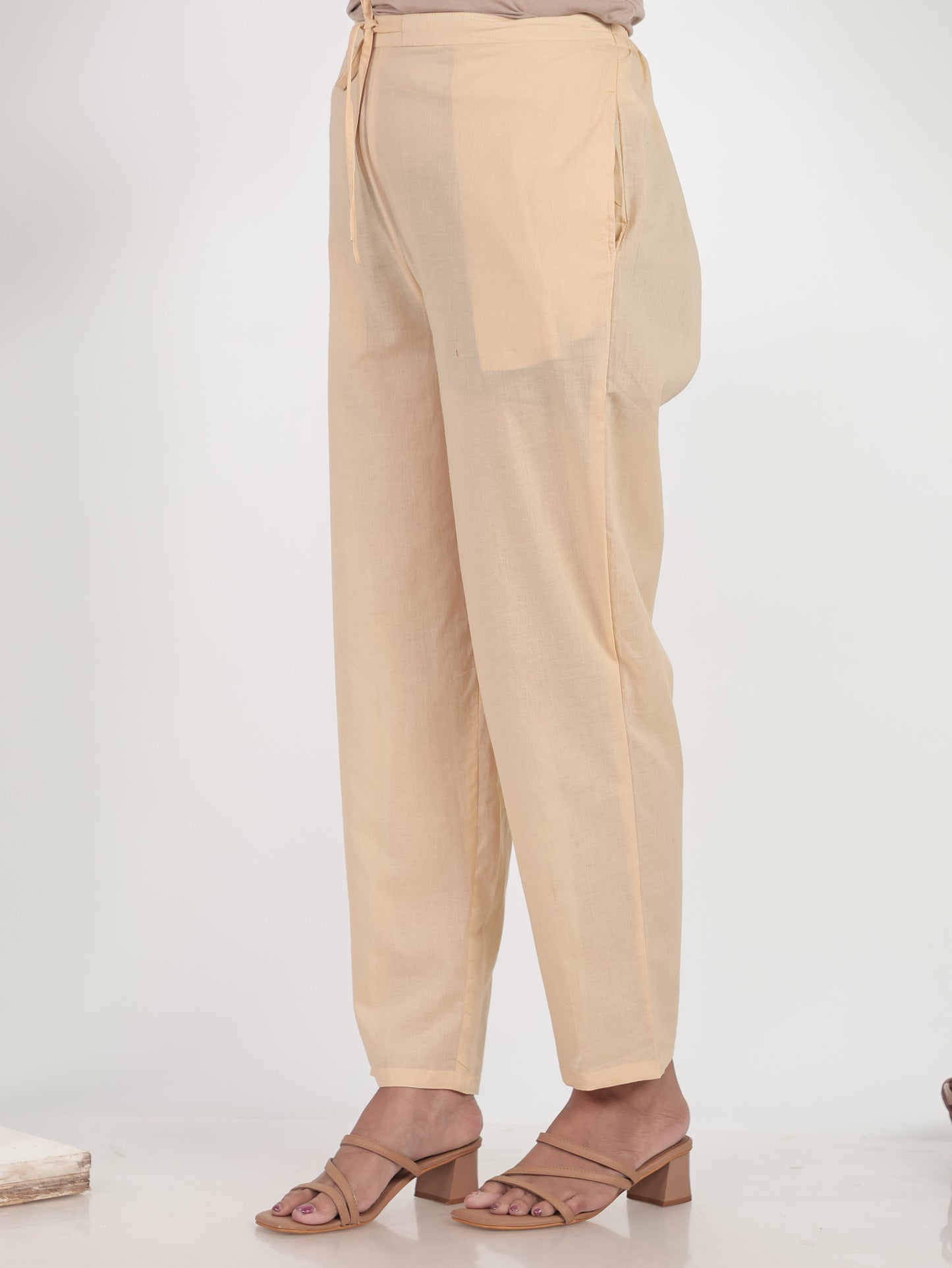 Soft Cotton Solid Beige Tapered Trousers