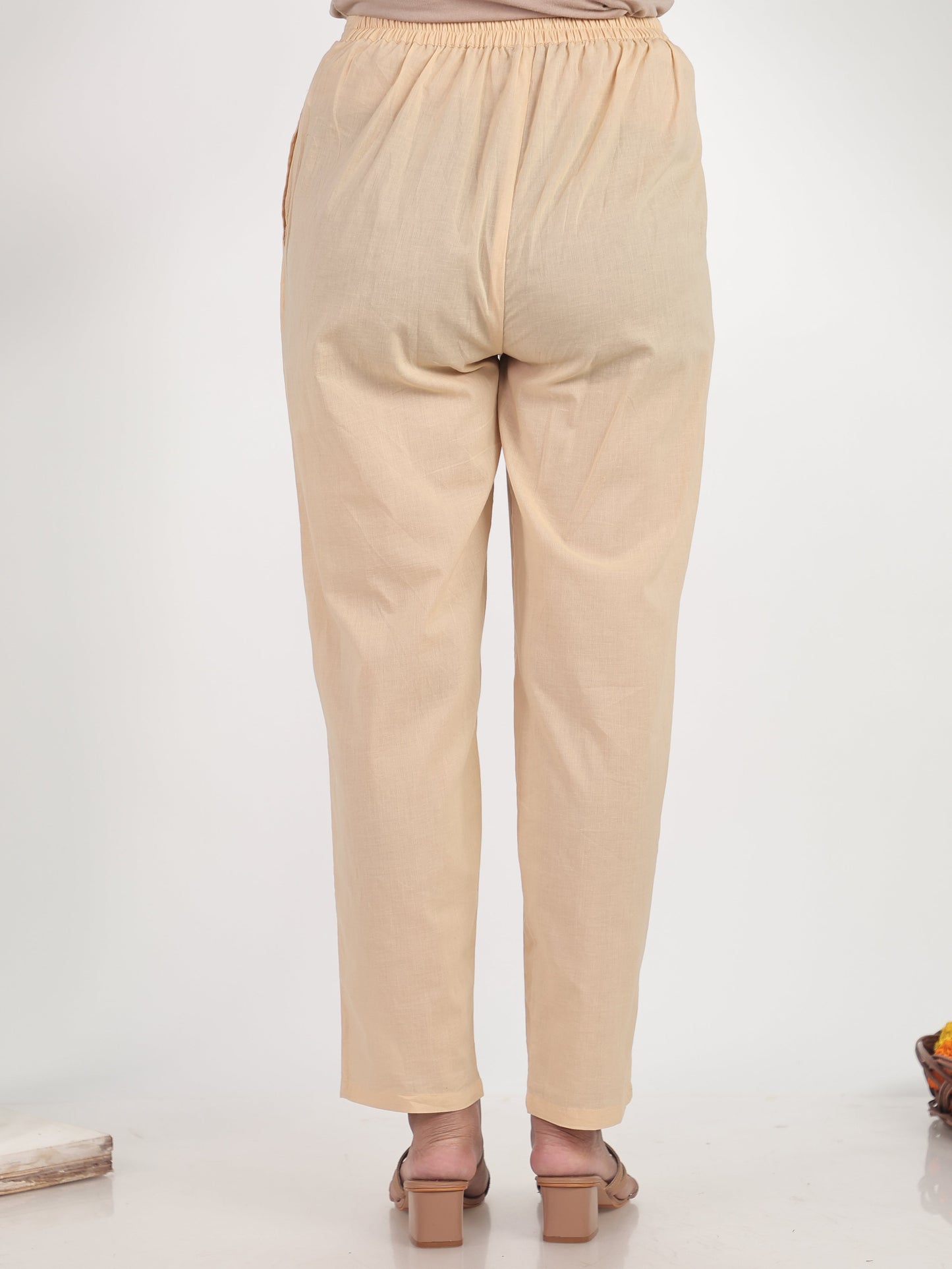 Soft Cotton Solid Beige Tapered Trousers