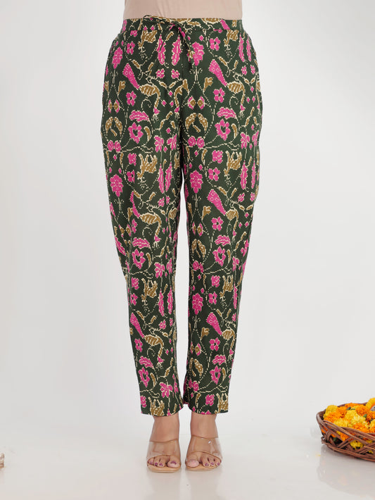 Soft Cotton Ikat Green Tapered Trousers