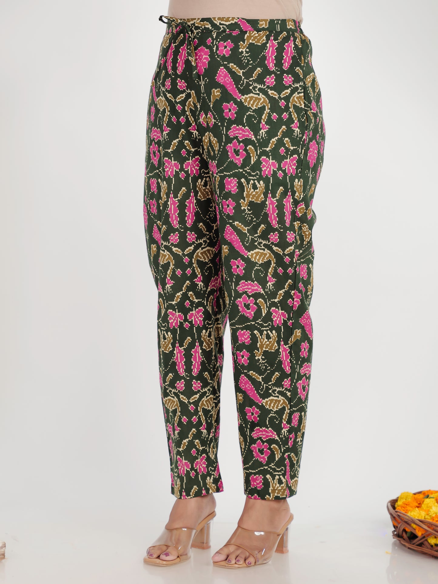 Soft Cotton Ikat Green Tapered Trousers