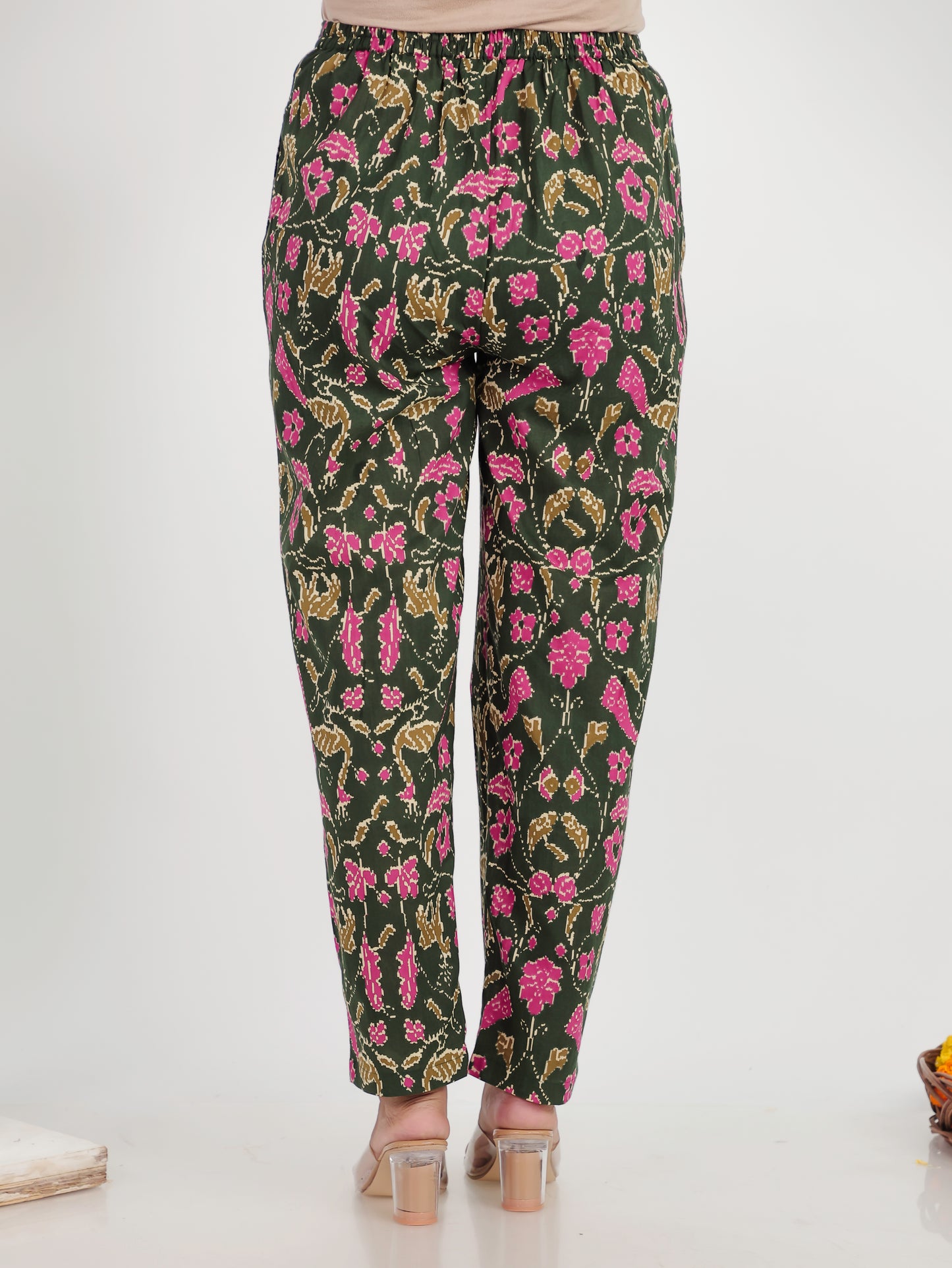 Soft Cotton Ikat Green Tapered Trousers