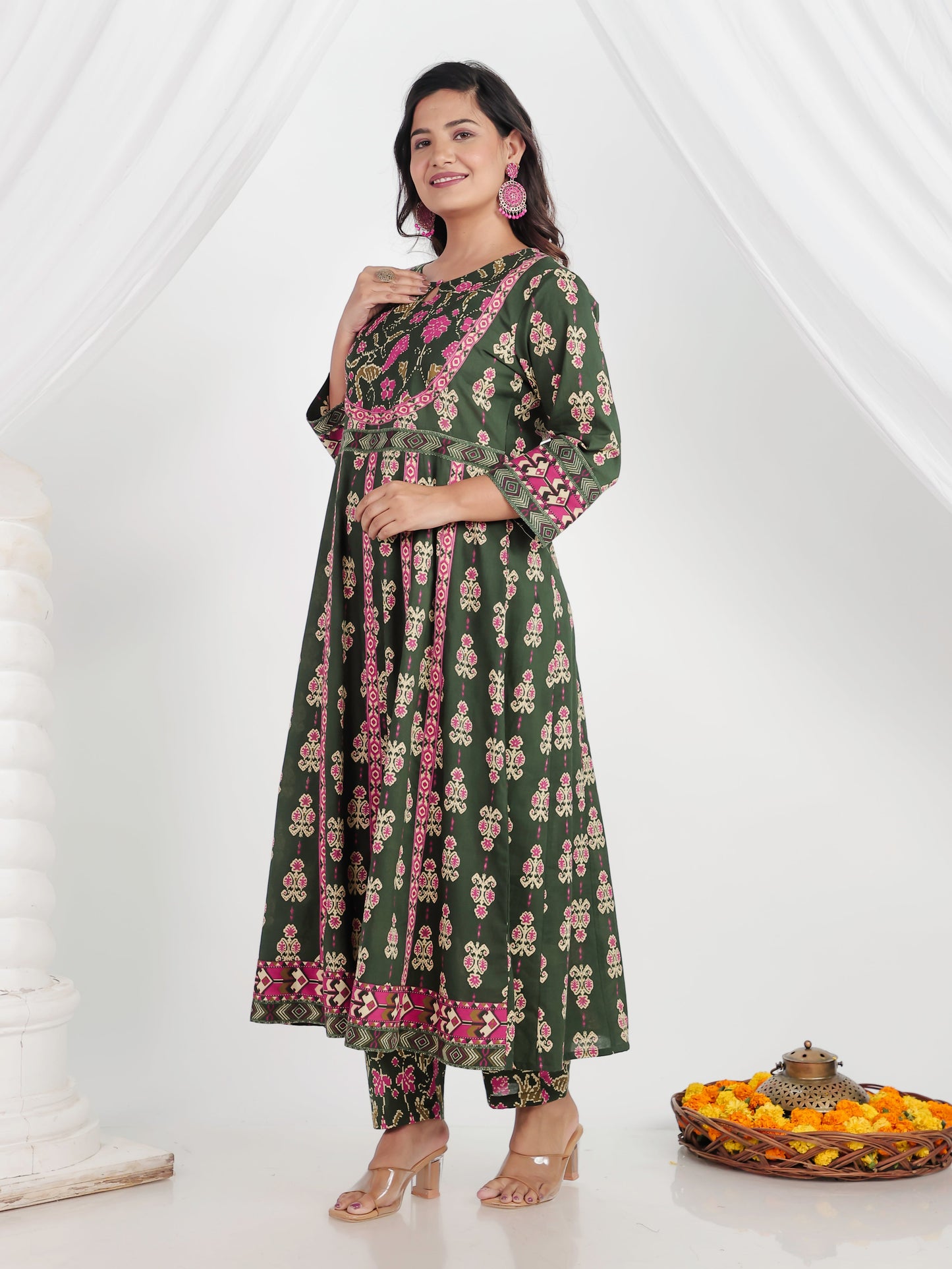 Soft Cotton Ikat Anarkali Green Kurta