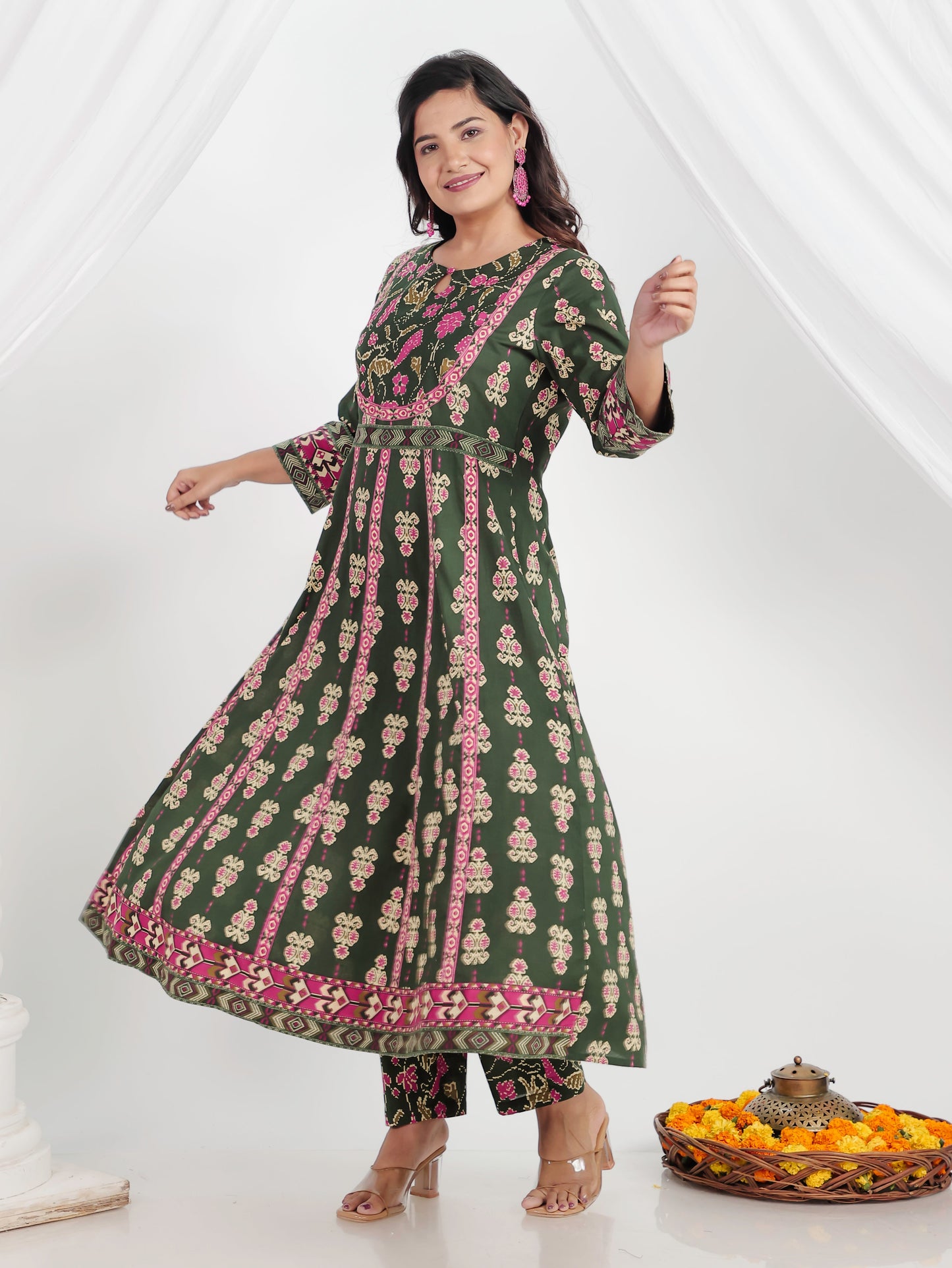 Soft Cotton Ikat Anarkali Green Kurta