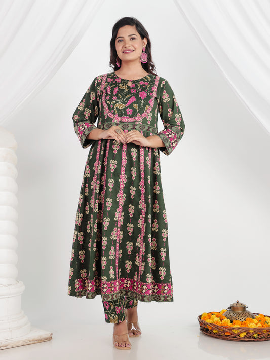 Soft Cotton Ikat Anarkali Green Kurta