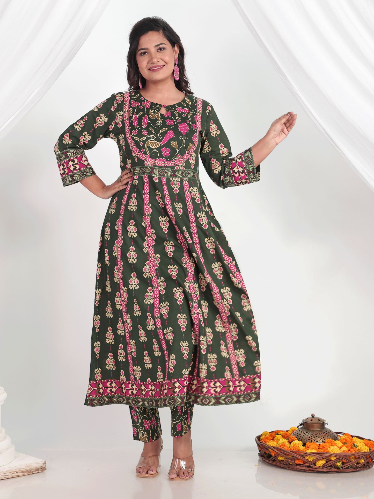 Soft Cotton Ikat Anarkali Green Kurta