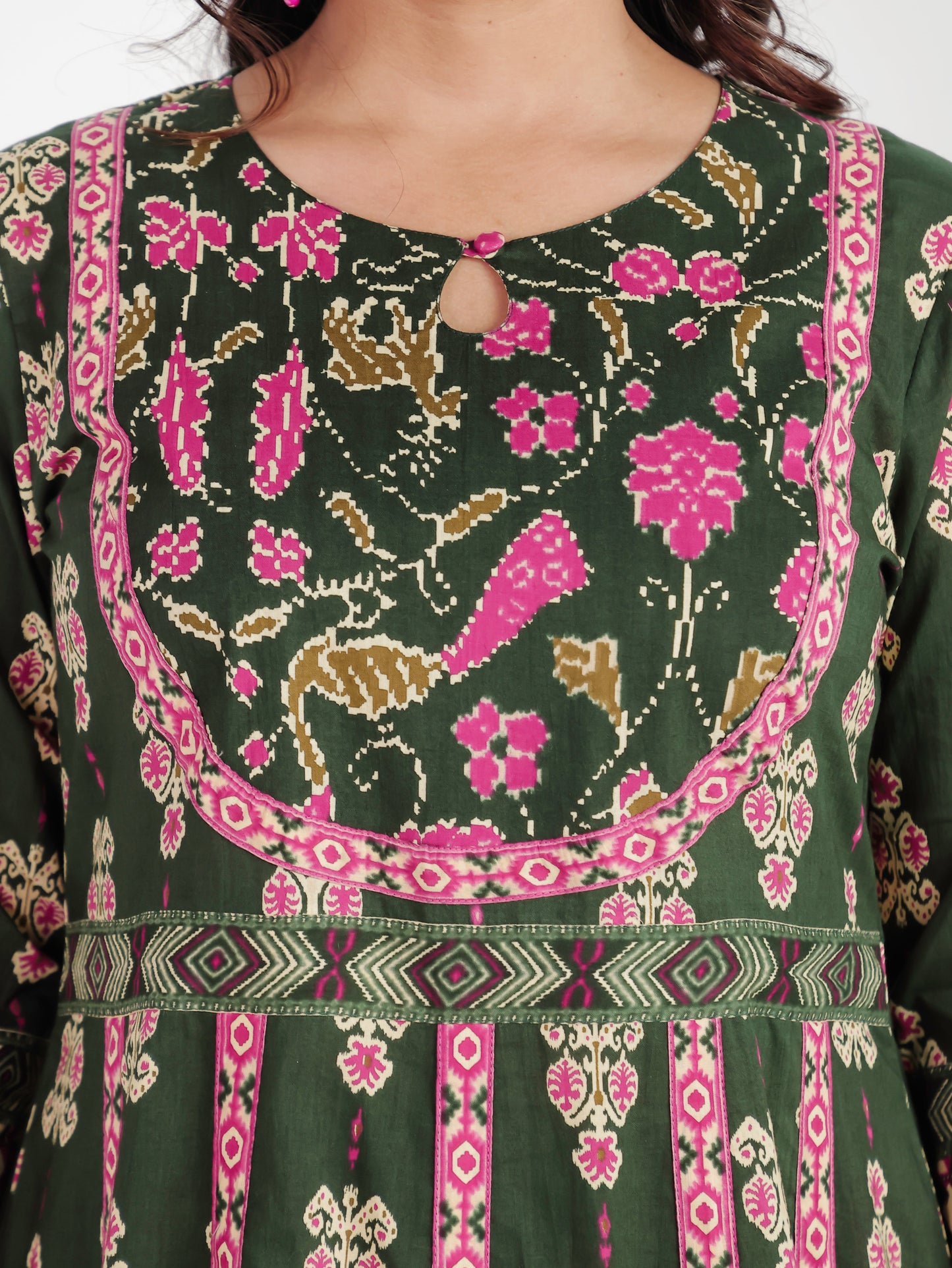 Soft Cotton Ikat Anarkali Green Kurta