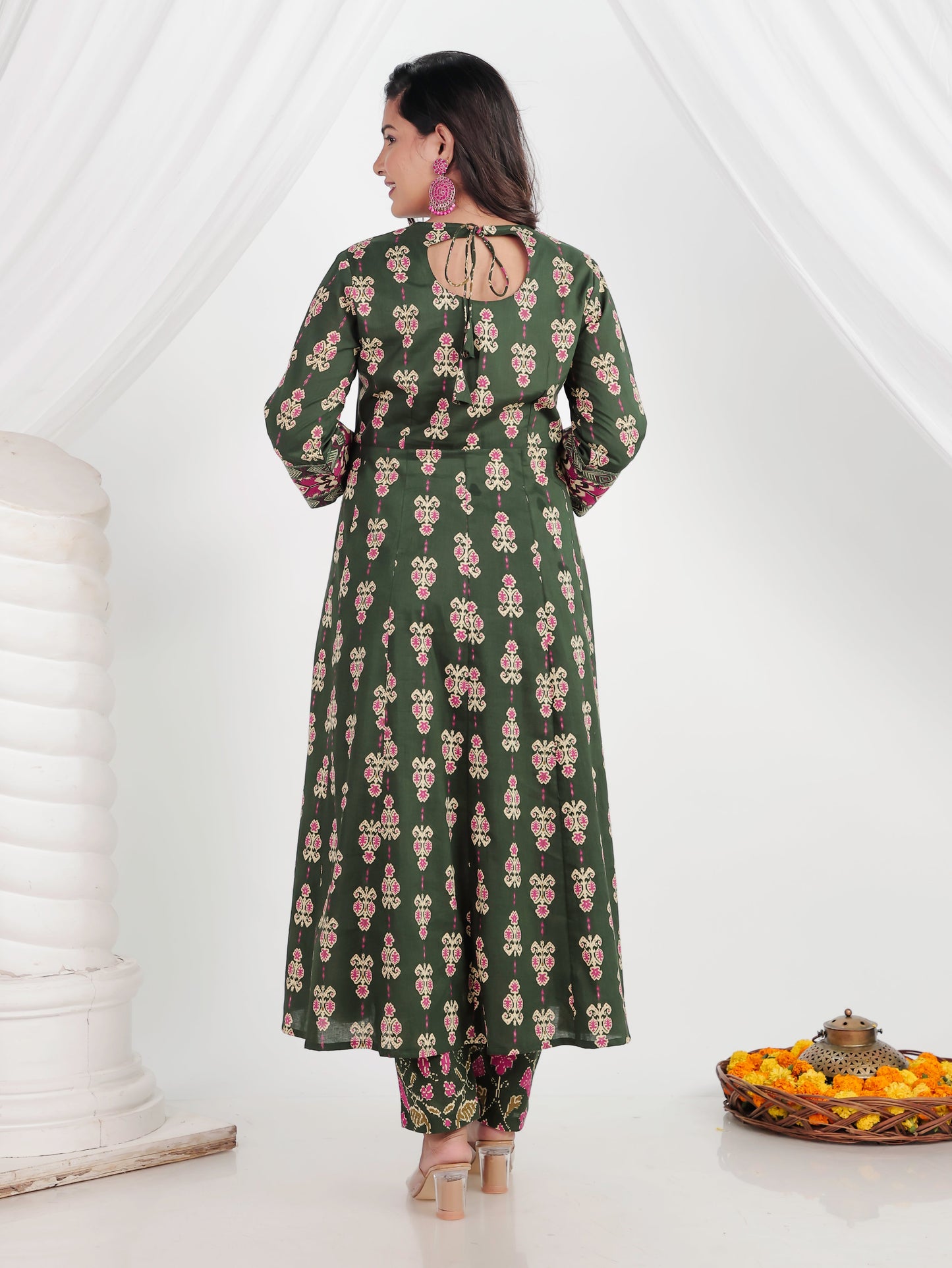 Soft Cotton Ikat Anarkali Green Kurta