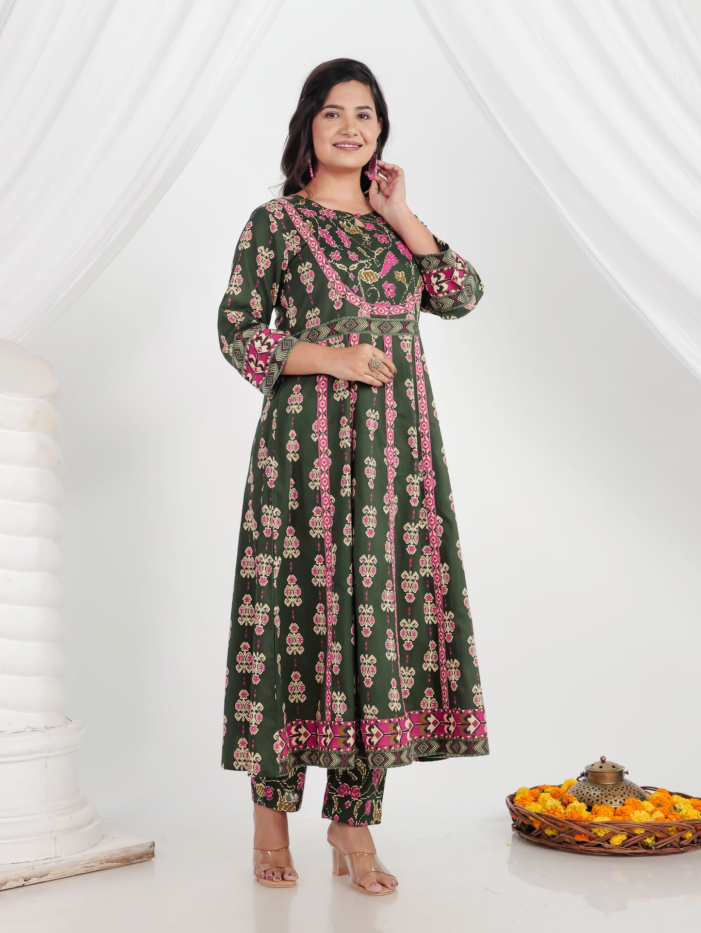 Soft Cotton Ikat Anarkali Green Kurta