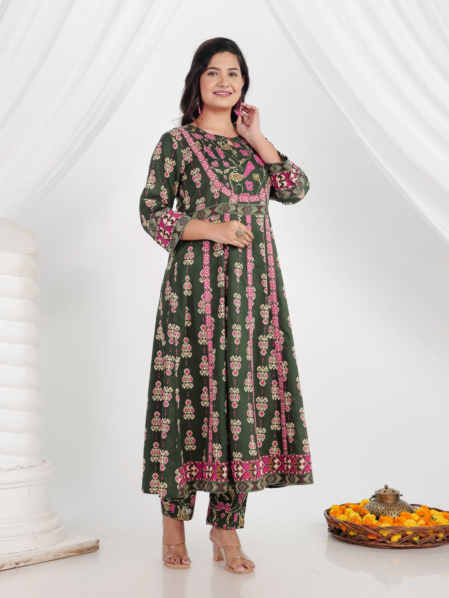 Soft Cotton Ikat Anarkali Green Kurta