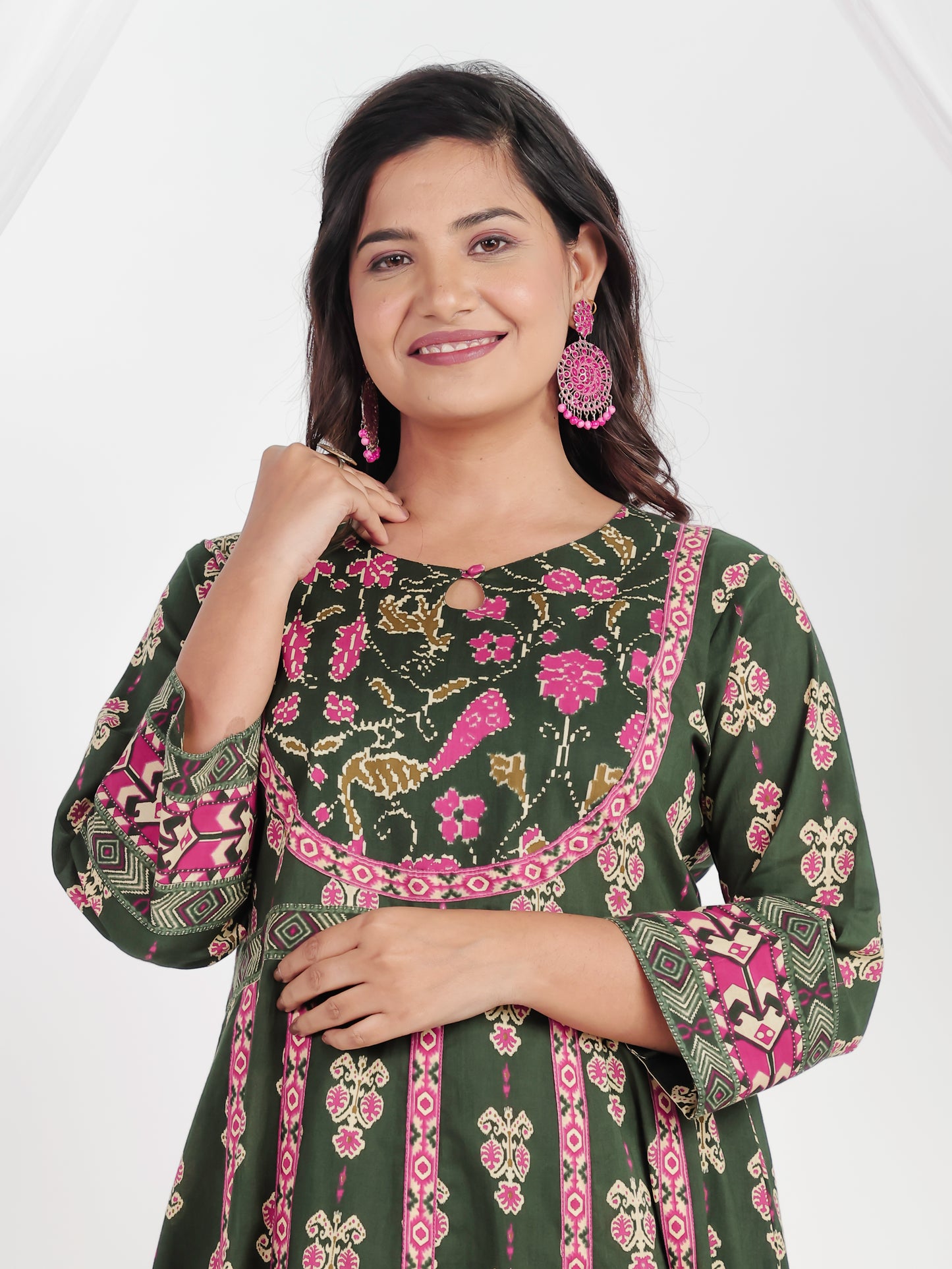 Soft Cotton Ikat Anarkali Green Kurta