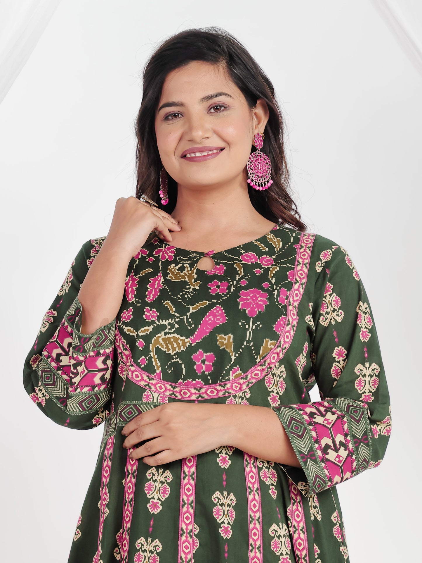 Soft Cotton Ikat Anarkali Green Kurta