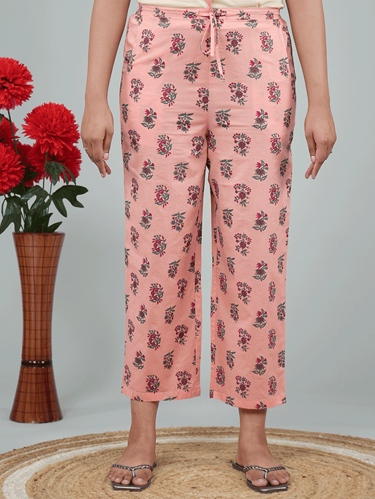 Soft Cotton Placement Print Peach Straight Trousers