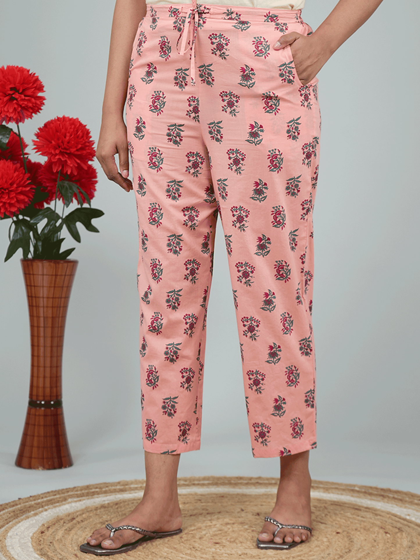 Soft Cotton Placement Print Peach Straight Trousers