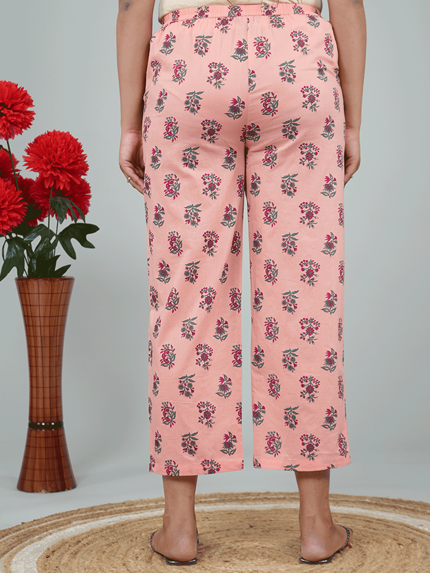Soft Cotton Placement Print Peach Straight Trousers