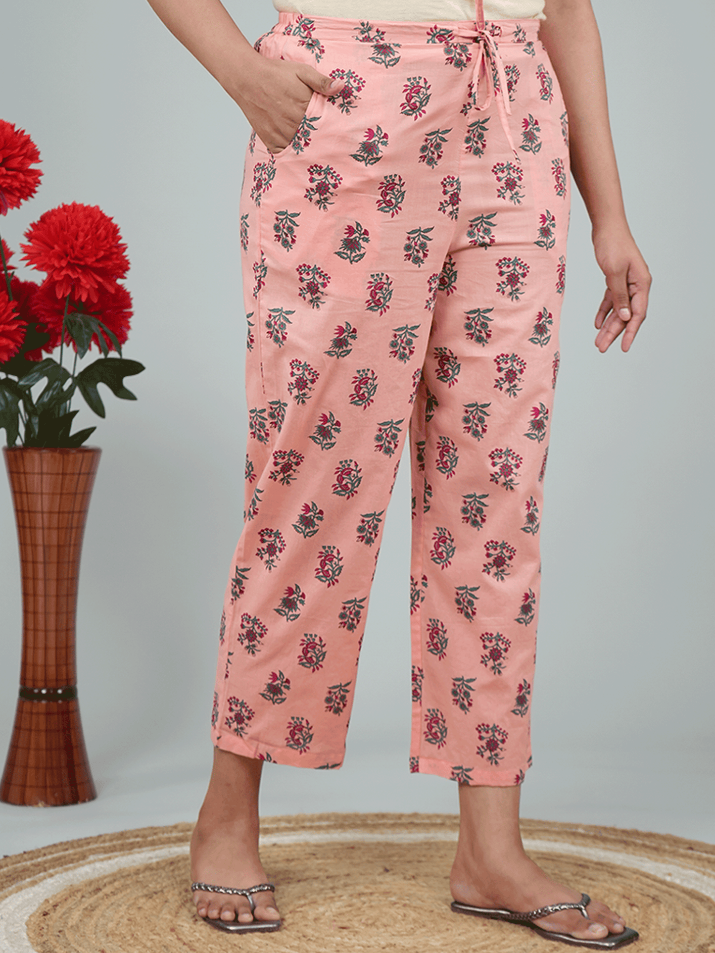 Soft Cotton Placement Print Peach Straight Trousers