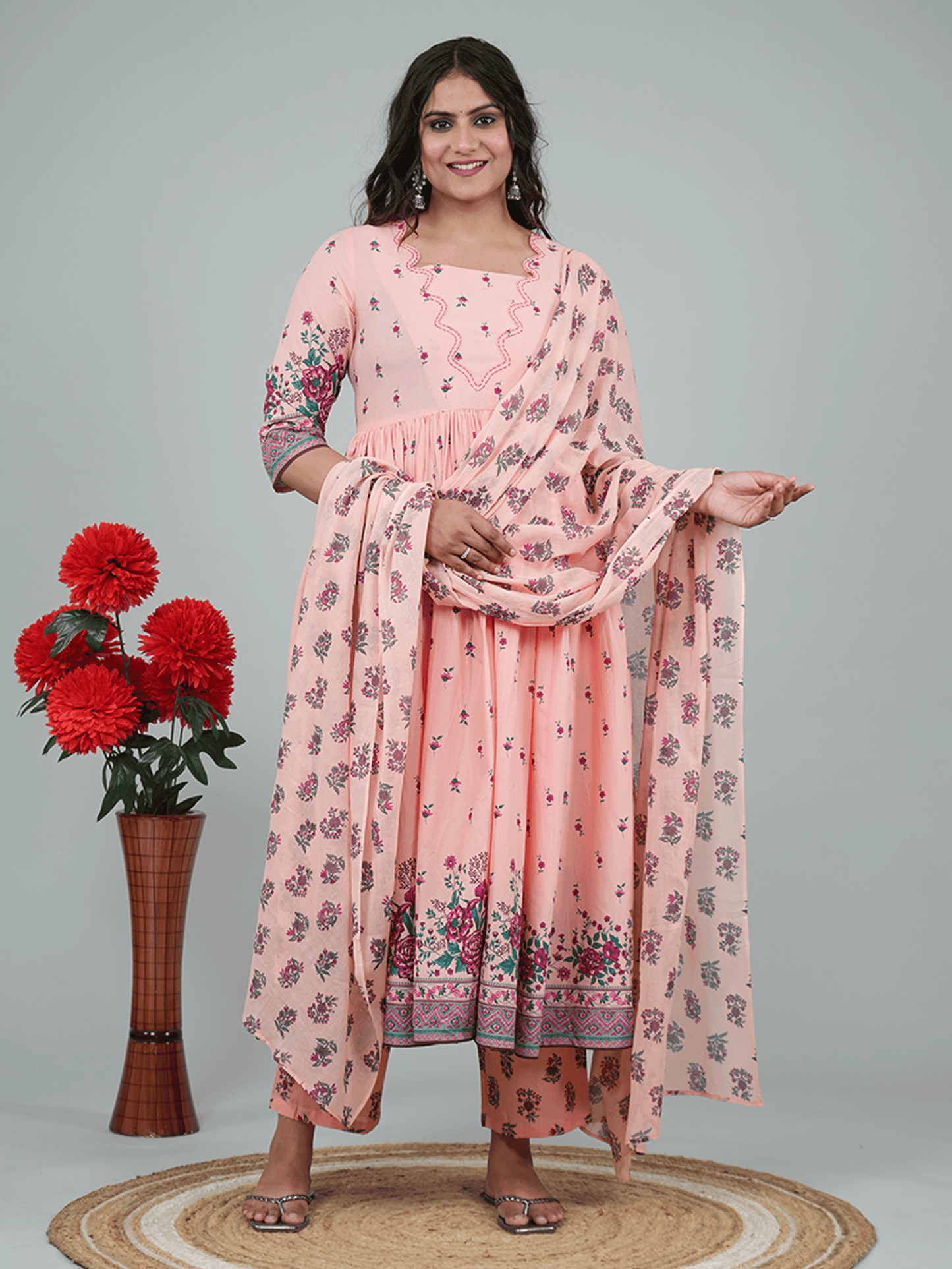 Cotton Voile Floral Peach Dupatta