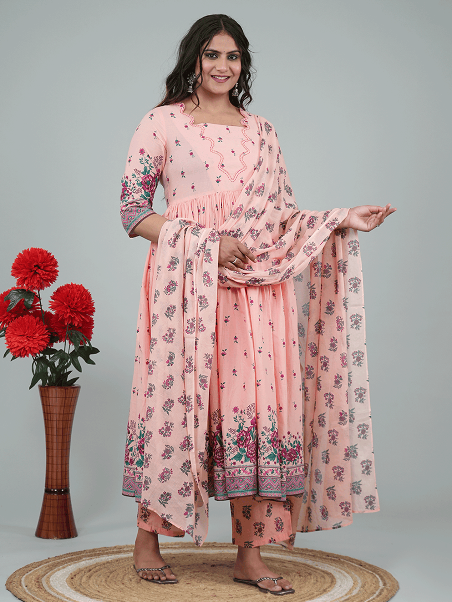 Cotton Voile Floral Peach Dupatta