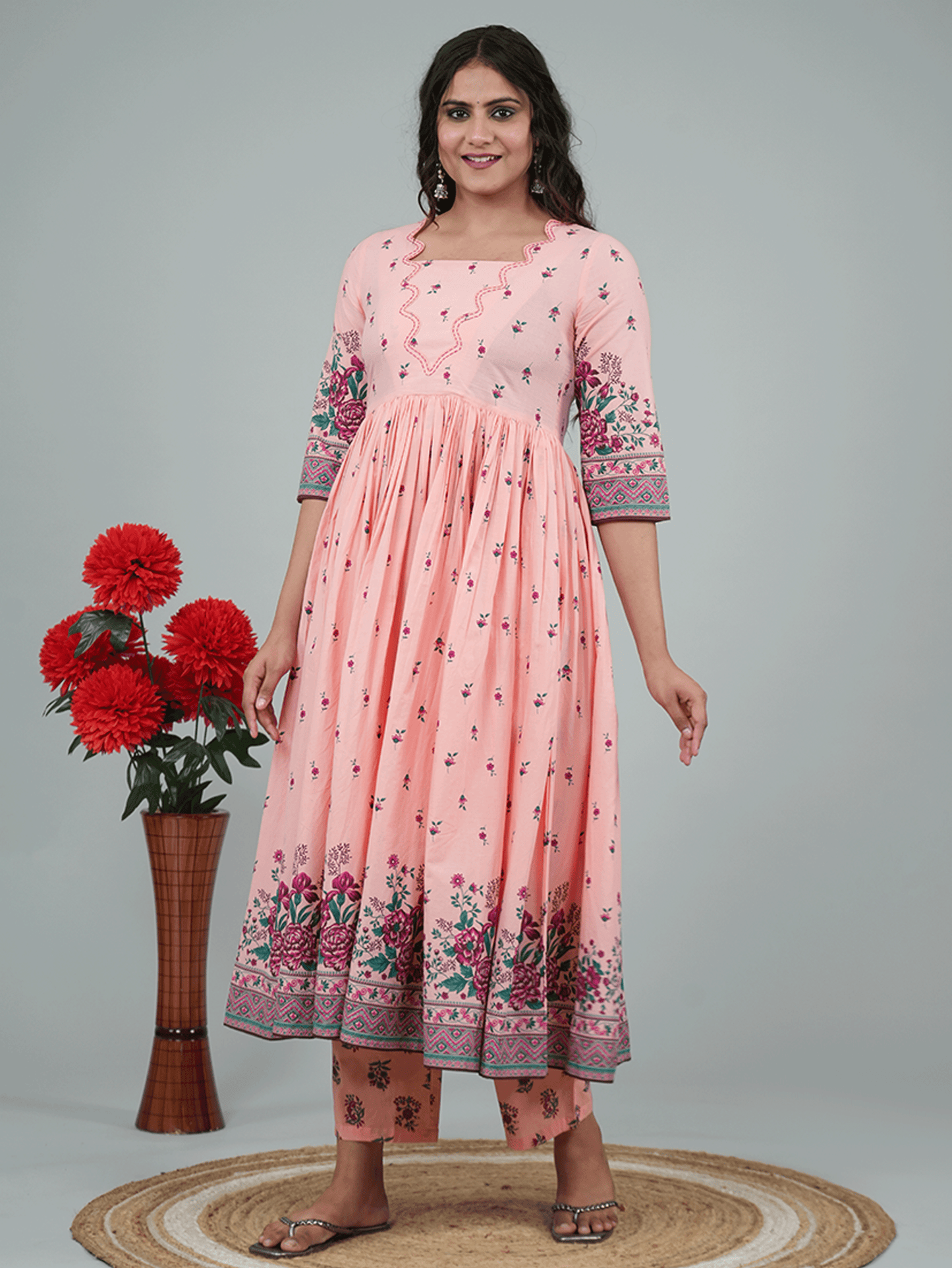 Soft Cotton Placement Print Flared Peach Kurta