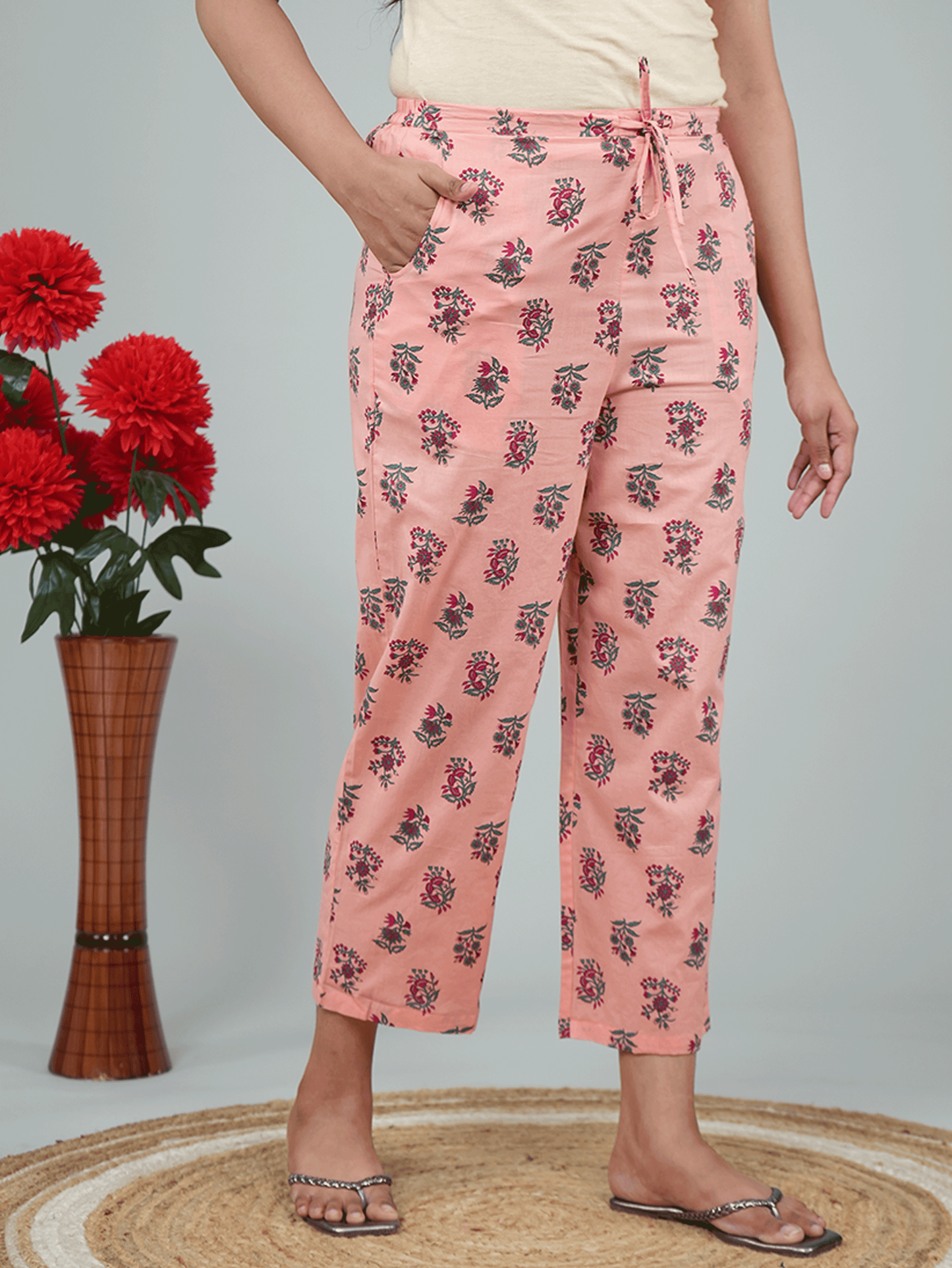 Soft Cotton Placement Print Flared Peach Kurta