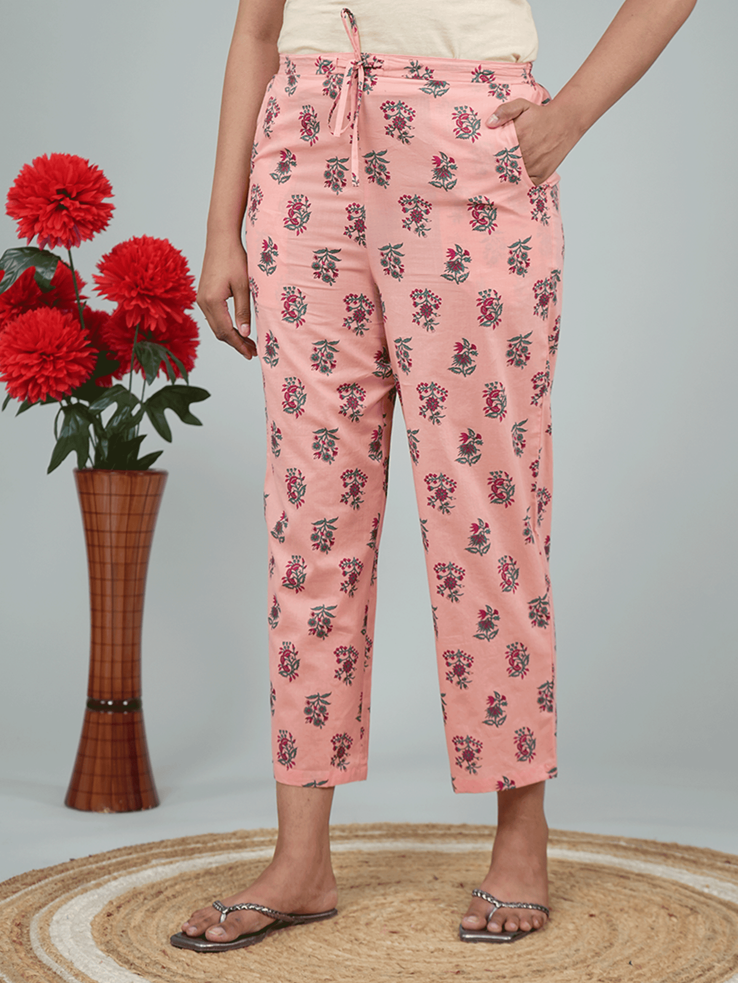 Soft Cotton Placement Print Flared Peach Kurta