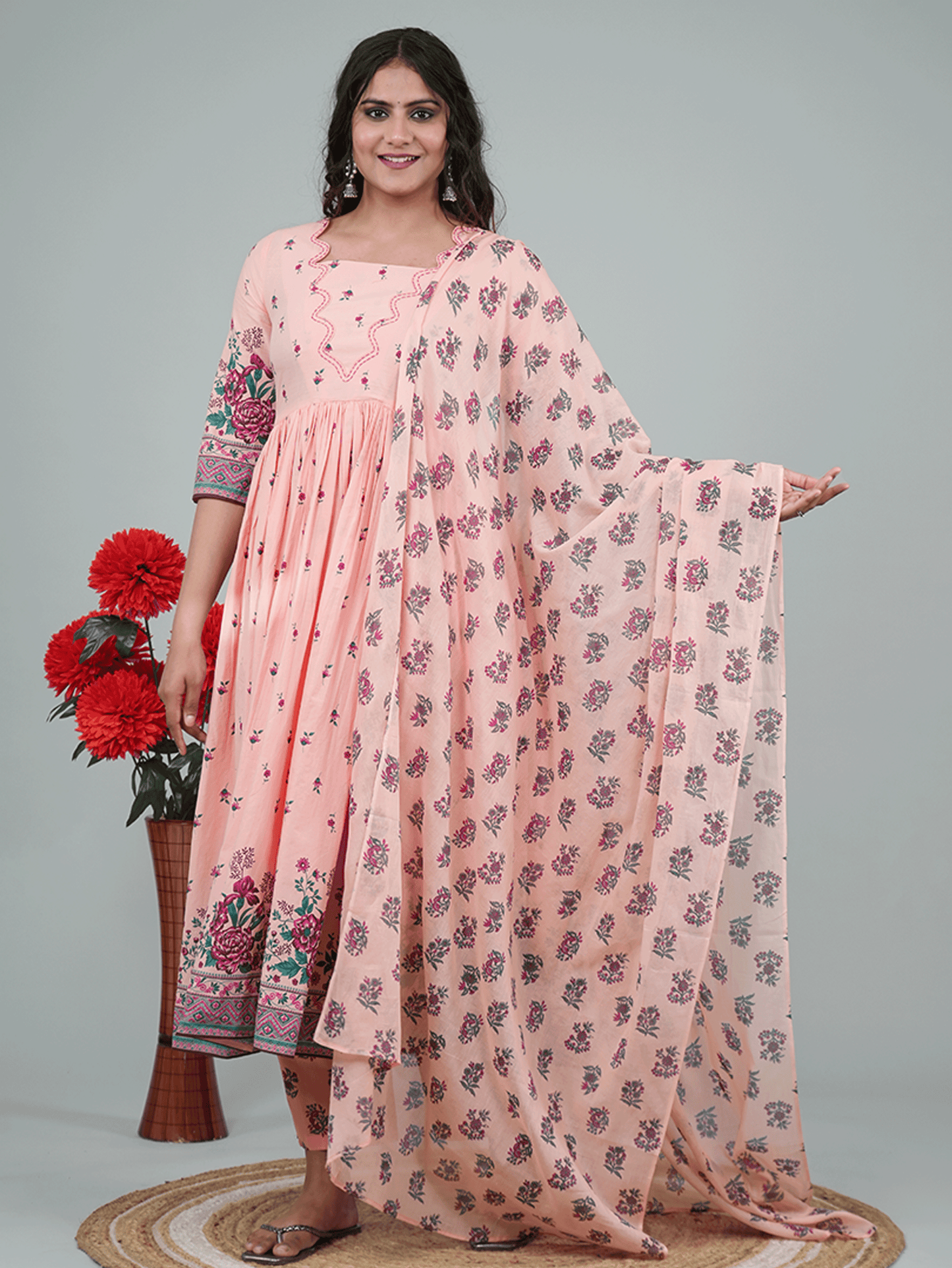Soft Cotton Placement Print Flared Peach Kurta
